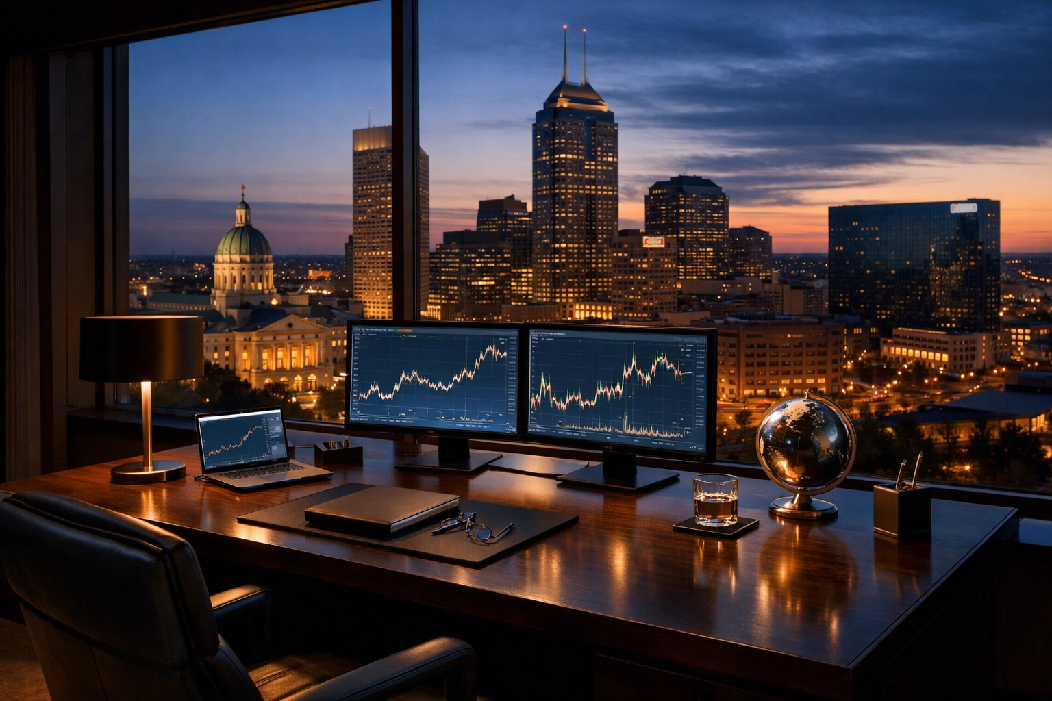 Professional executive workspace overlooking Indianapolis skyline representing metropolitan property management.