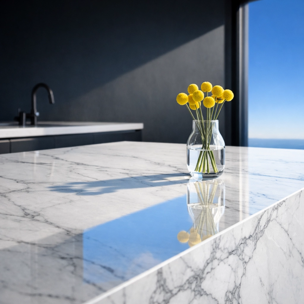 Sparkling marble kitchen island representing the gold standard of eco-friendly luxury in Manchester-by-the-Sea.
