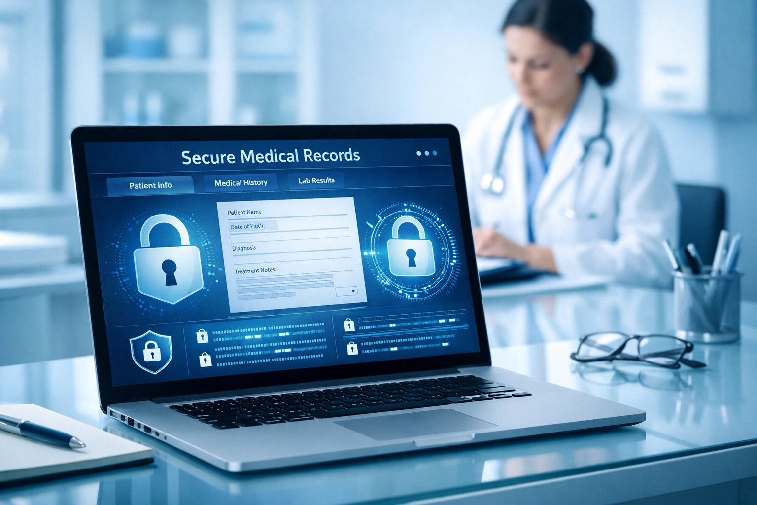 HIPAA-compliant medical documentation software with secure encryption on laptop screen