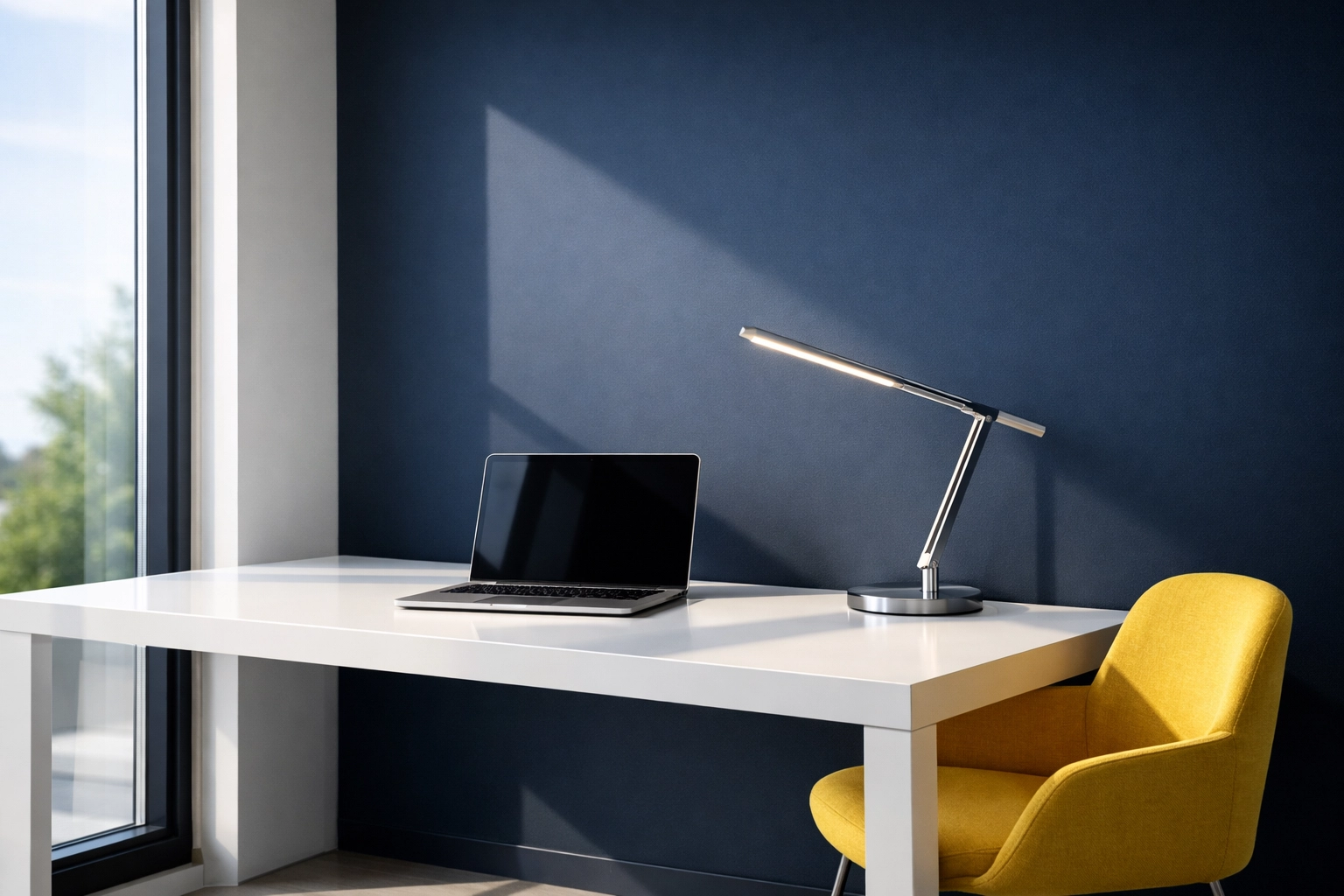 Minimalist clean home office after a professional house cleaning to boost focus and career success.