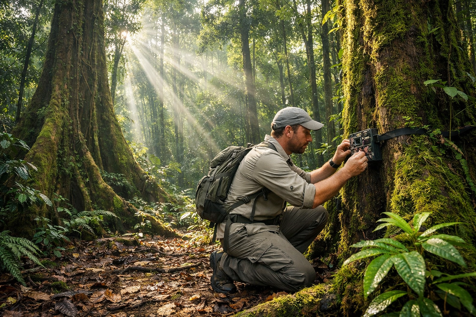 Wildlife conservationist checking a camera trap in a tropical rainforest for research.