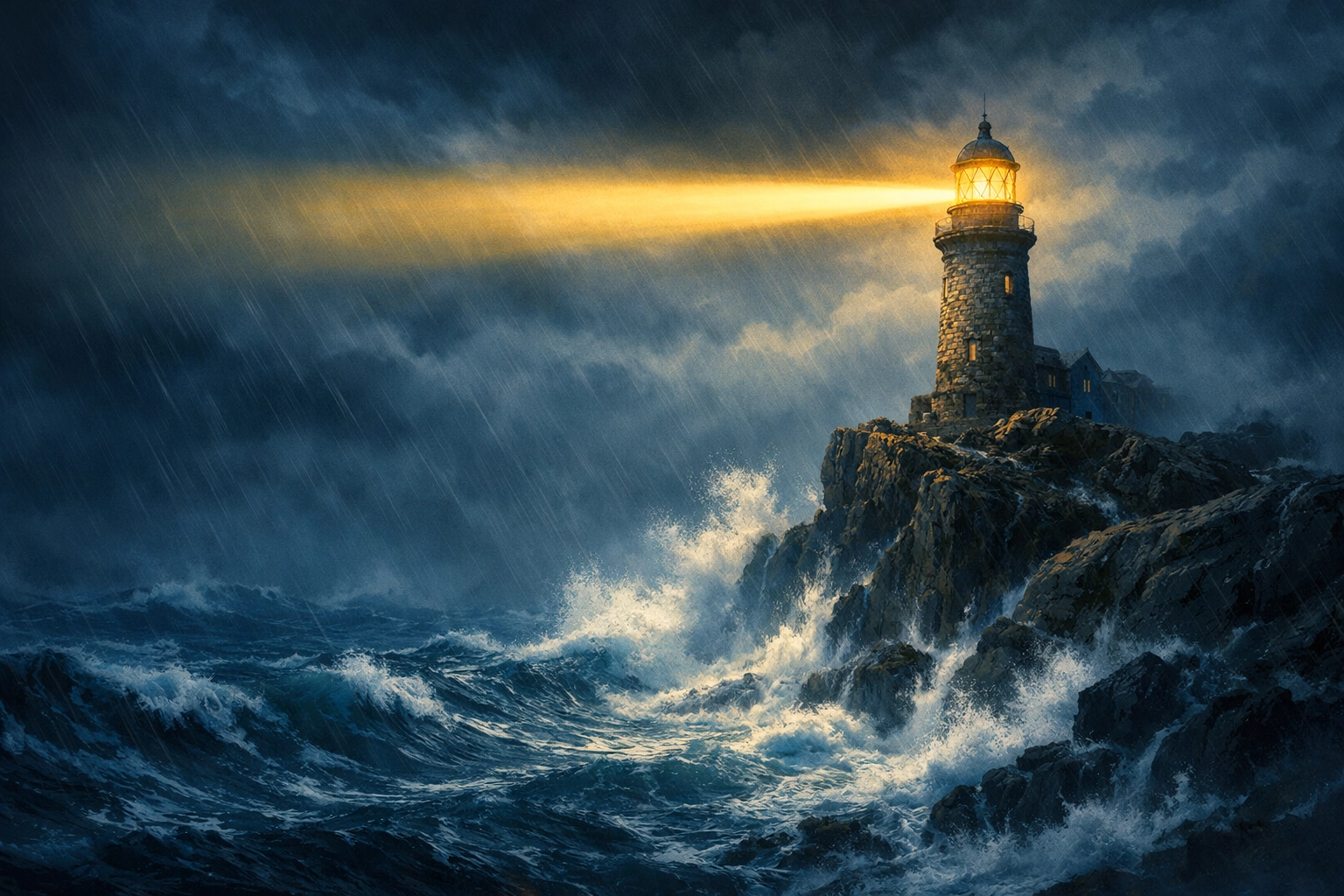 A lighthouse beam cutting through a dark storm, illustrating divine guidance and an unshakable kingdom.