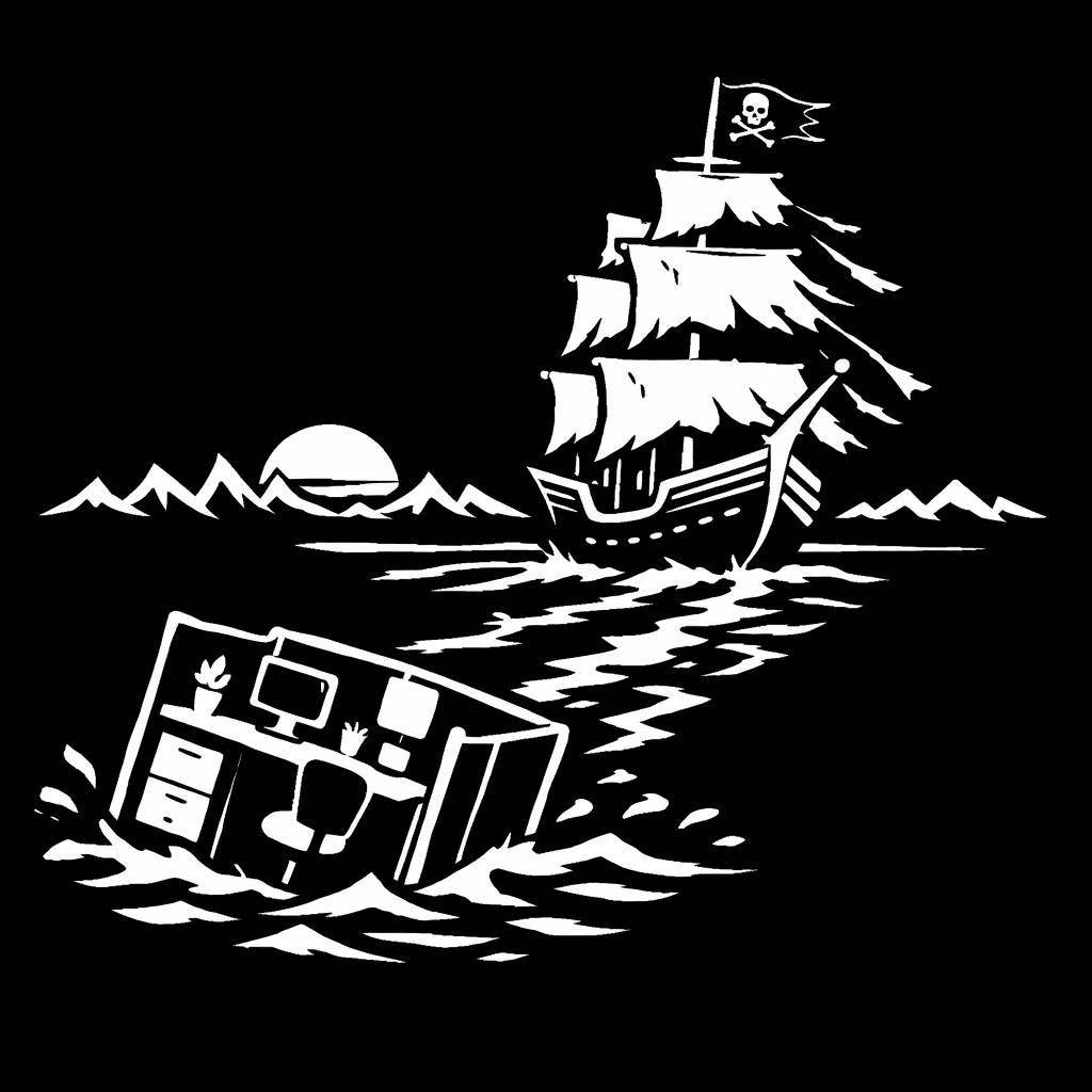 Pirate ship sailing away from a sinking office cubicle to escape the rat race.