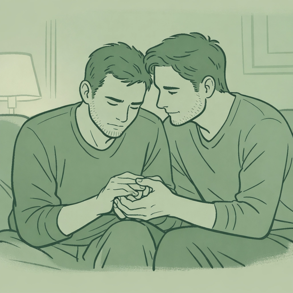 Two men on couch holding hands tenderly, first-time gay romance anxiety melting away