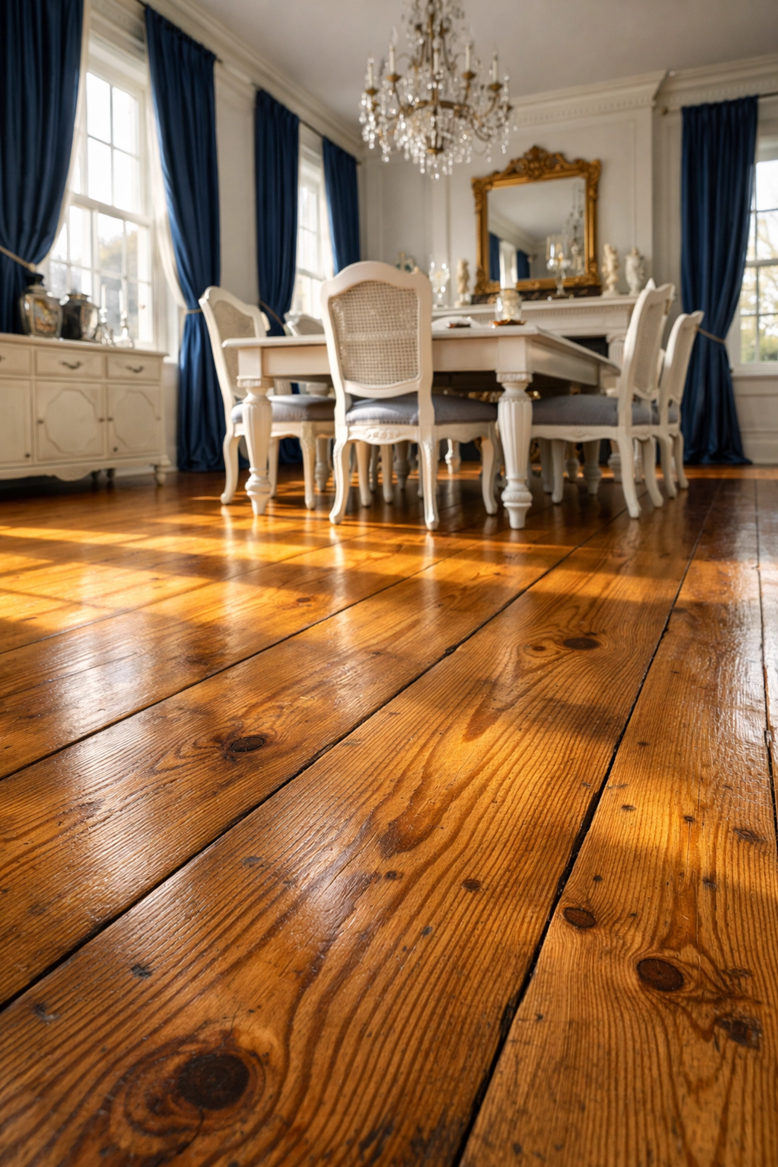 Pristine wide-plank pine floors in a luxury Historic Lexington Property dining room after deep cleaning.