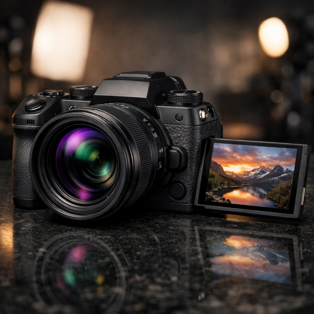 Compact 2026 professional mirrorless camera body showing new pro gear secrets on a dark surface.