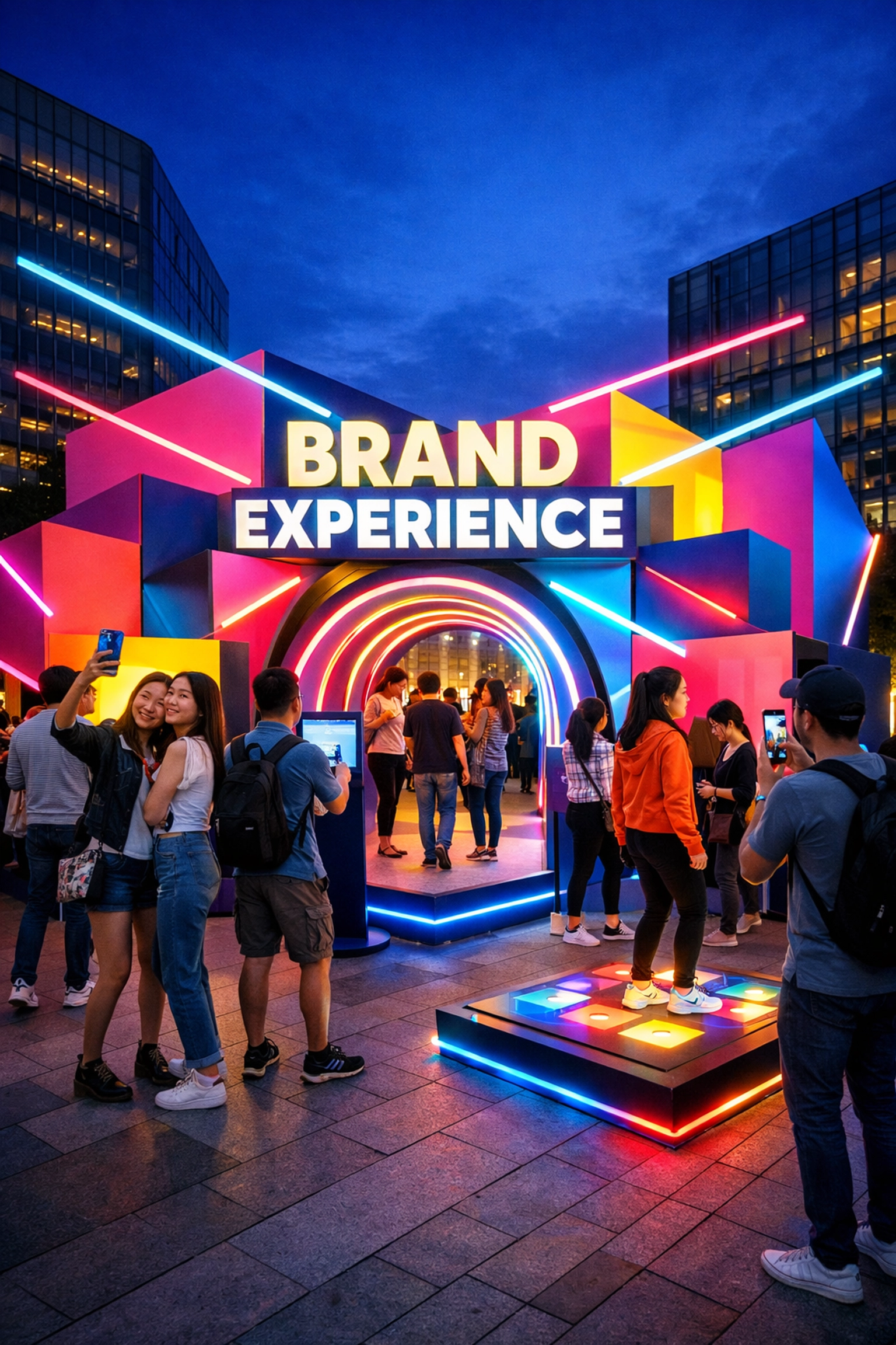 Immersive brand activation pop-up installation with crowds engaging and taking photos in urban plaza