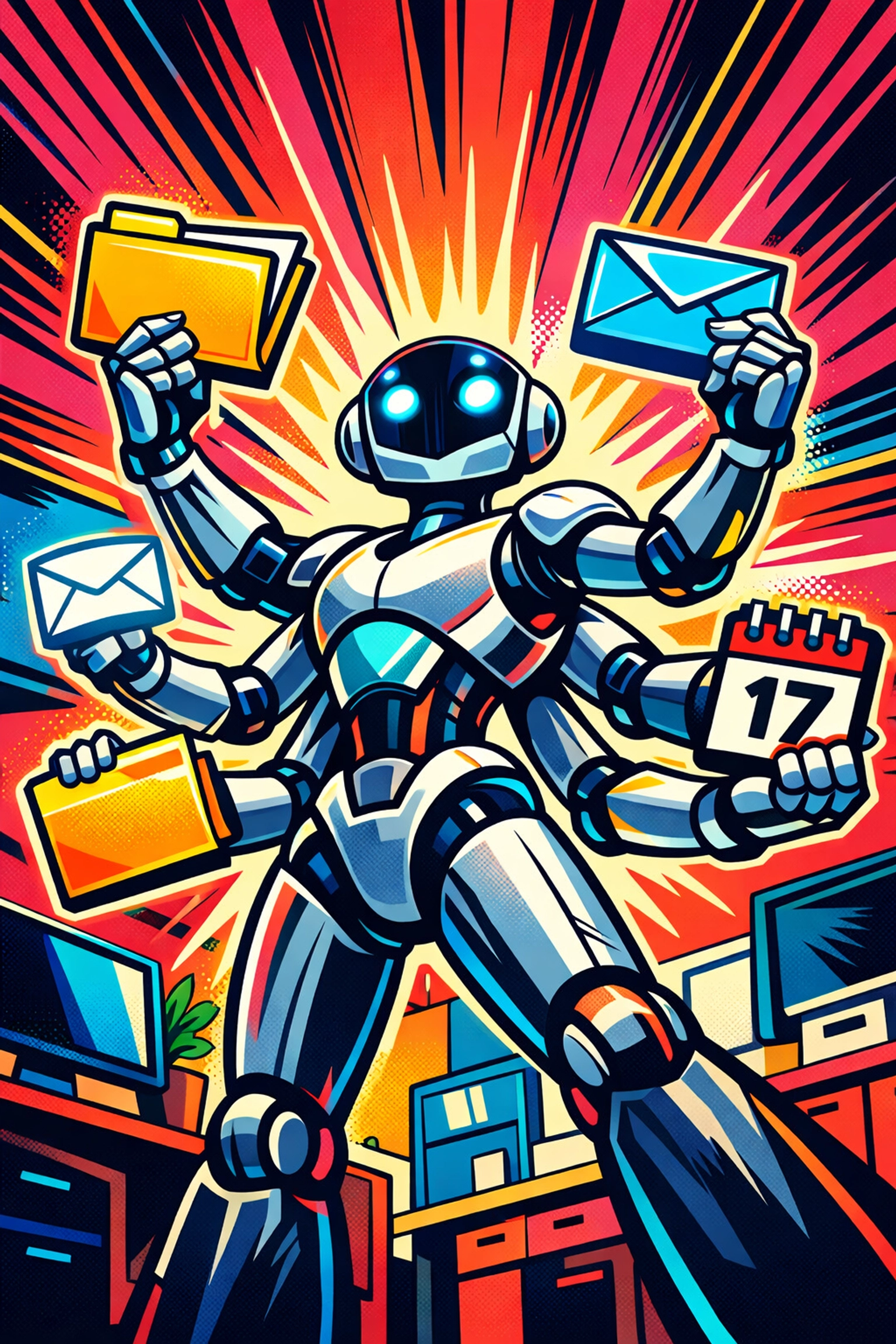 Heroic AI assistant for small business organizing digital folders, emails, and calendars effortlessly.