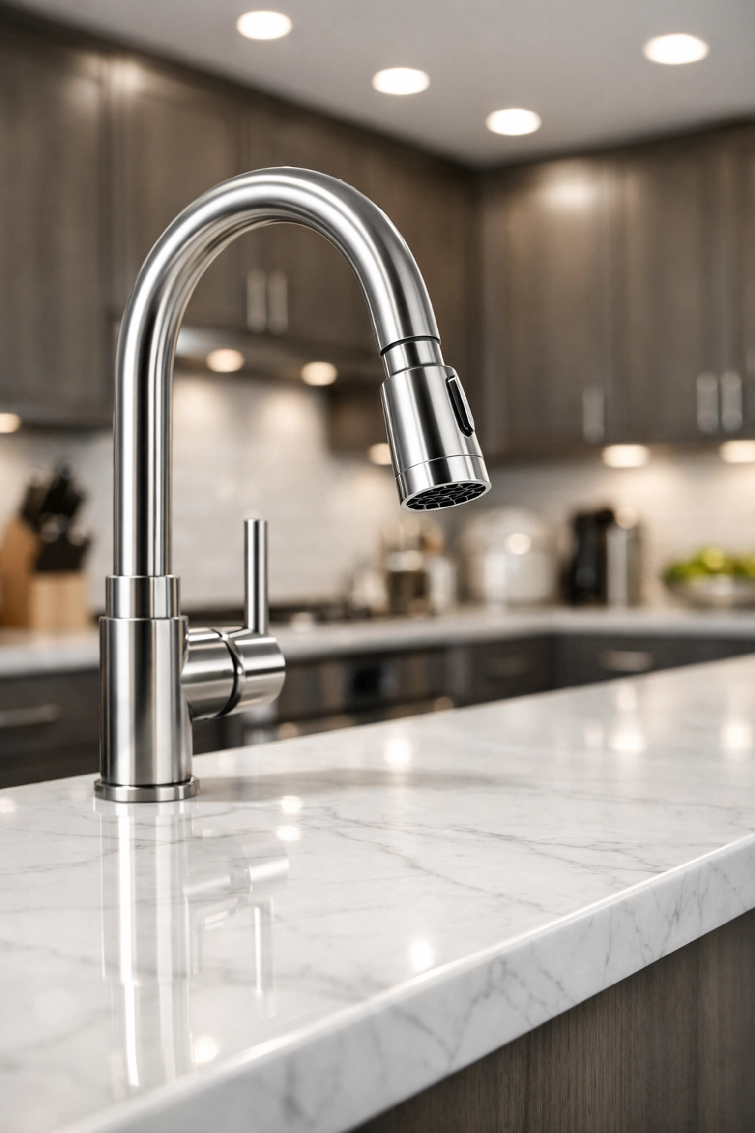 Clean stainless steel faucet in a Detroit apartment reflecting professional turnover cleaning standards.