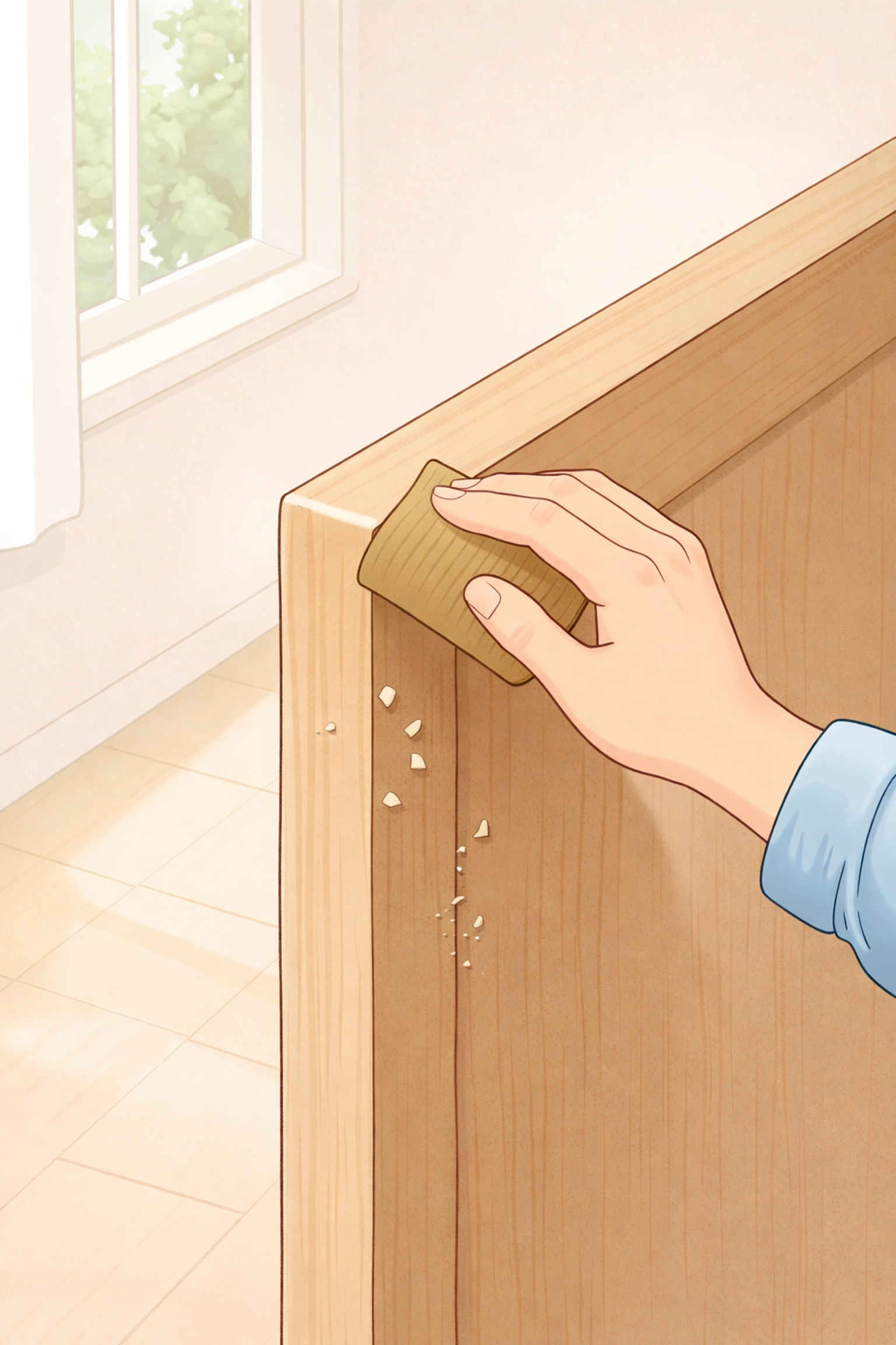 Hand carefully sanding a wooden door edge to fix a sticky door without removing too much material