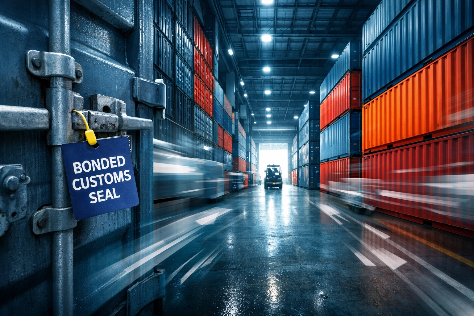 Miami port warehouse with shipping containers and bonded customs seal for tariff management