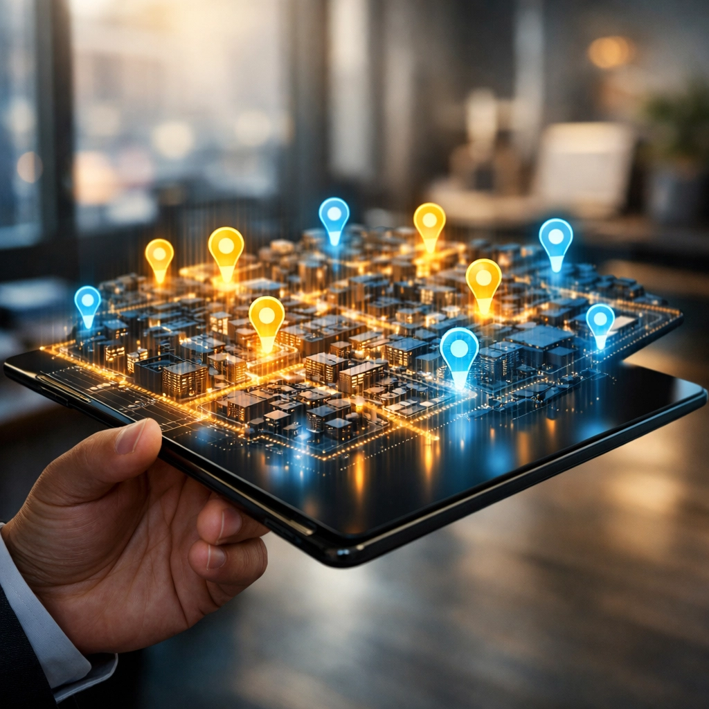 Digital map showing local businesses on a tablet, highlighting the impact of local SEO services.