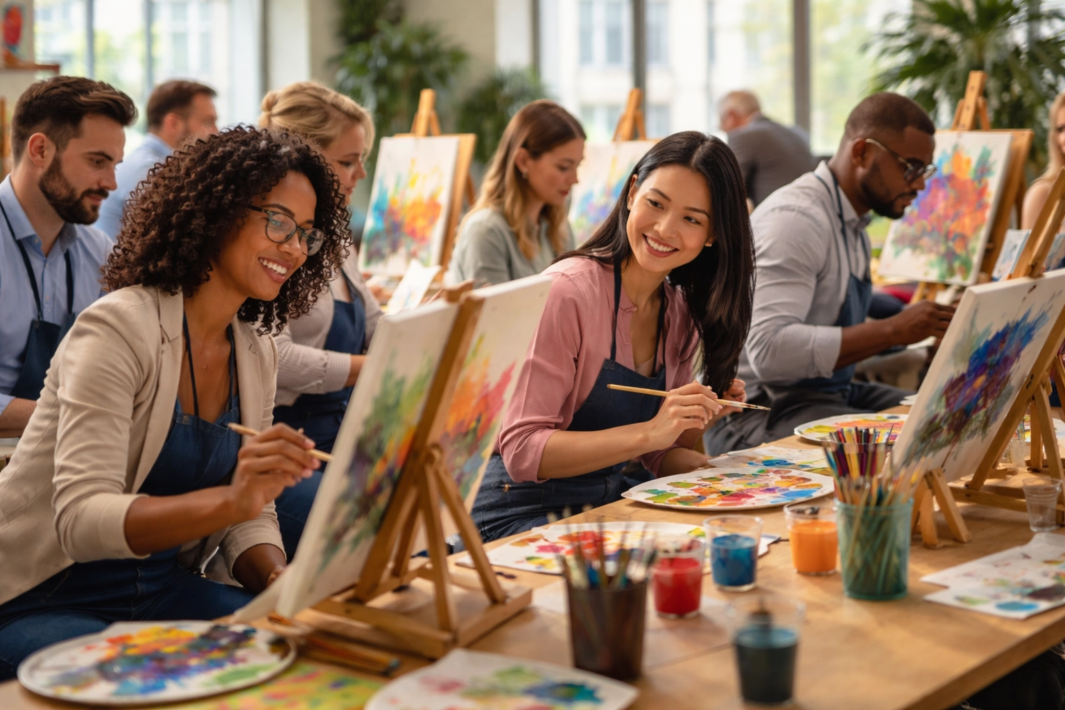 Colleagues engage in a collaborative art workshop, painting together to strengthen team bonds in a creative space.