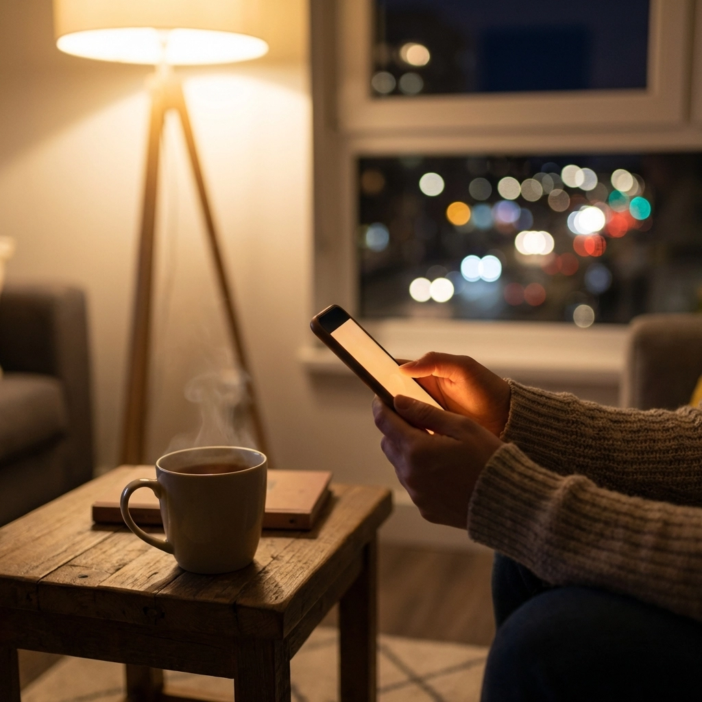 Hands holding a smartphone in a calm, softly lit room at night, showing access to 24/7 domestic violence support