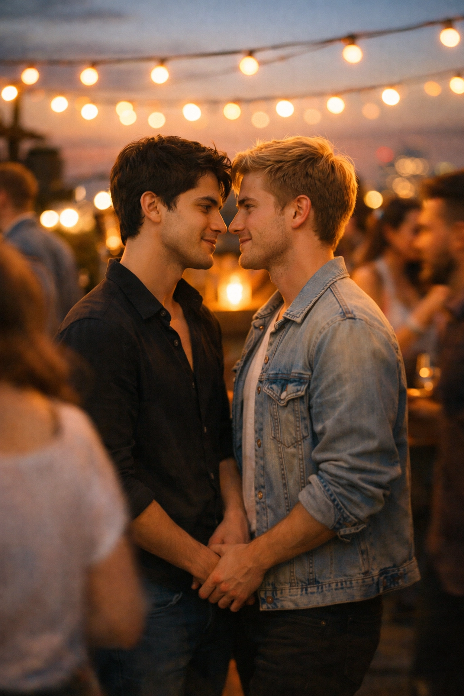 Two men sharing intimate moment at crowded party - MM romance connection in chaos