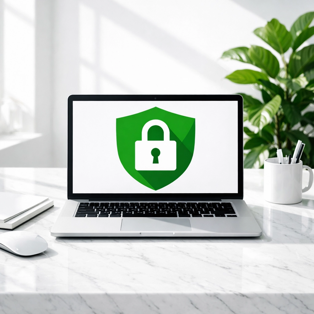 Professional laptop setup in a bright office illustrating small business web development and maintenance.