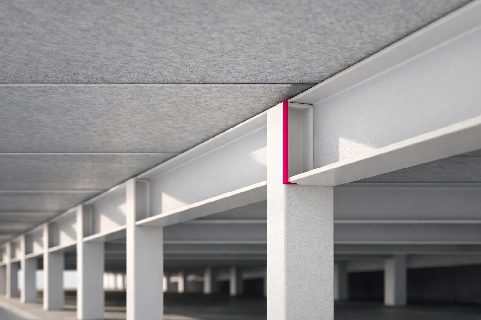 Structural steel joists spaced for optimal support of heavy-duty recycled plastic construction materials.