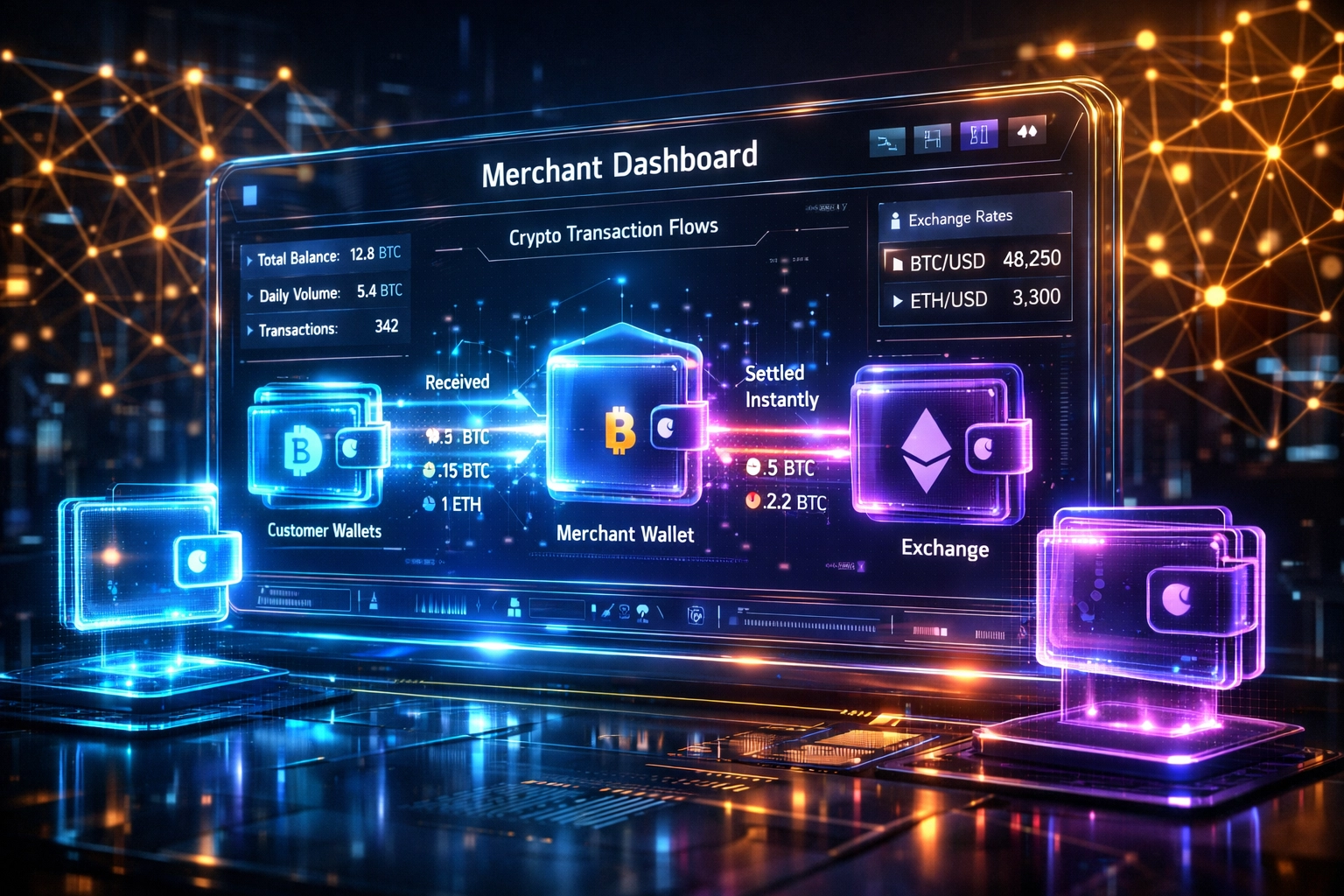 Real-time cryptocurrency payment dashboard showing AI-powered blockchain transaction flows