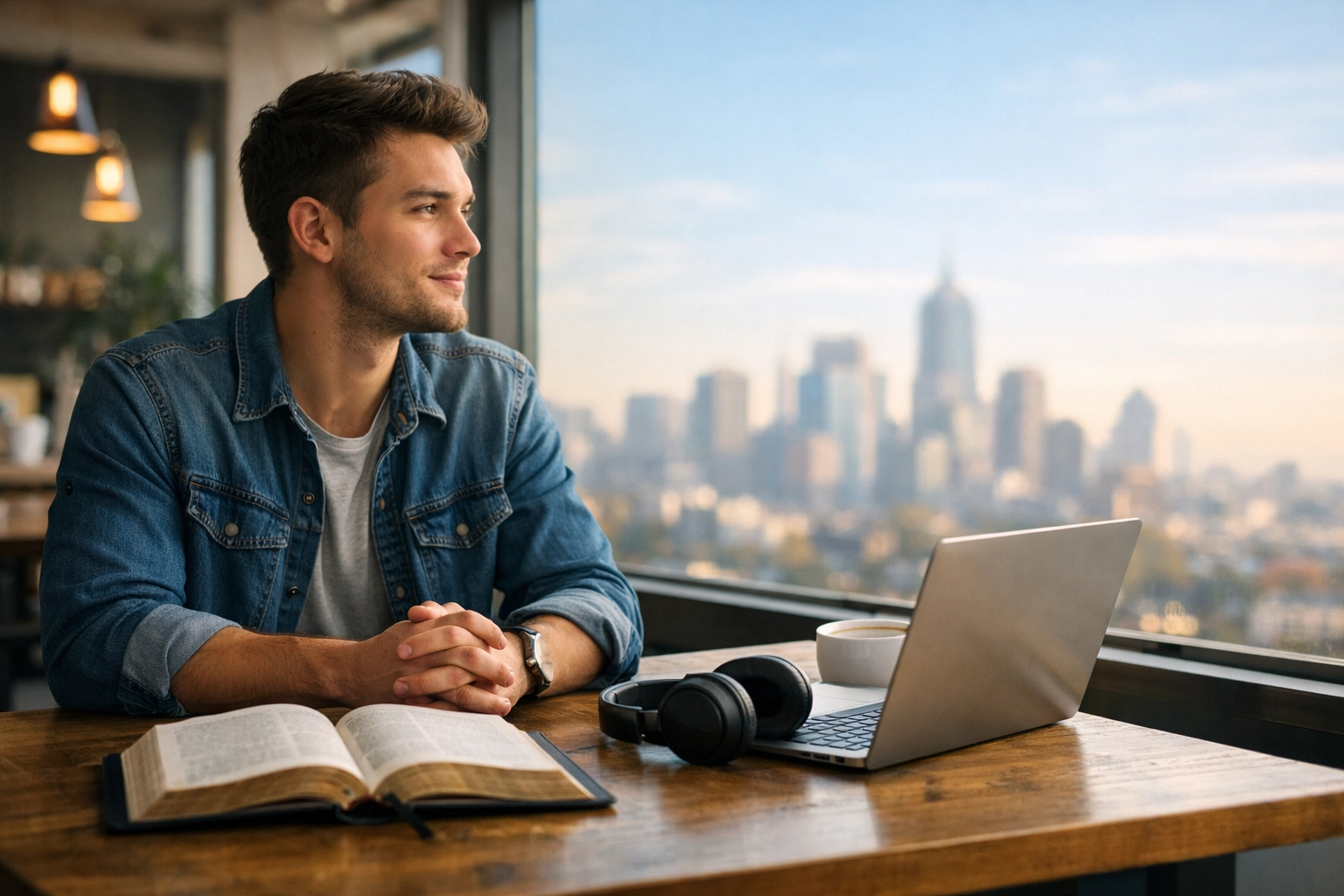 A man at a cafe studying scripture and engaging with Boundless Online Church's global mission.