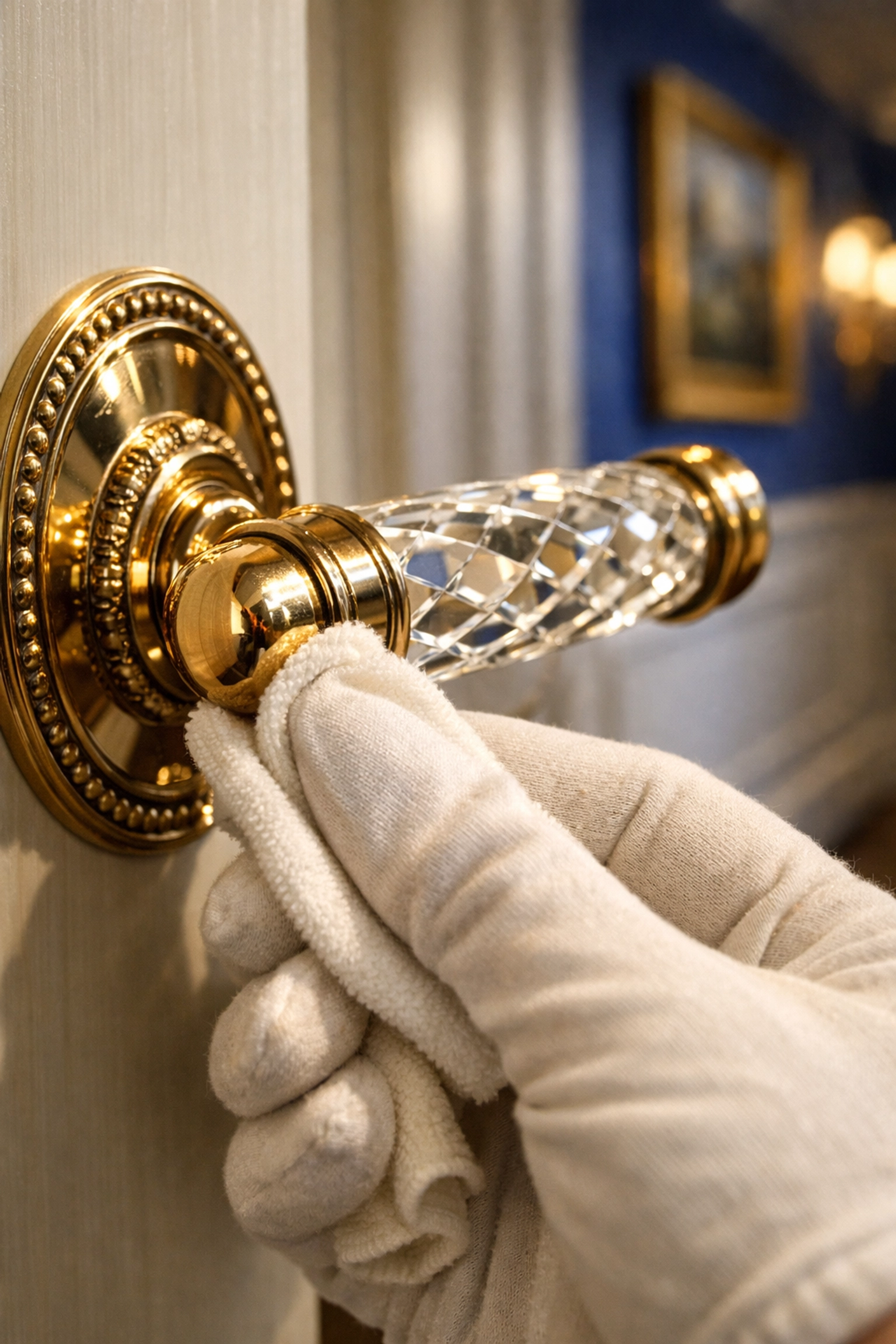 Meticulous residential cleaning Massachusetts focusing on polishing high-touch designer door hardware.