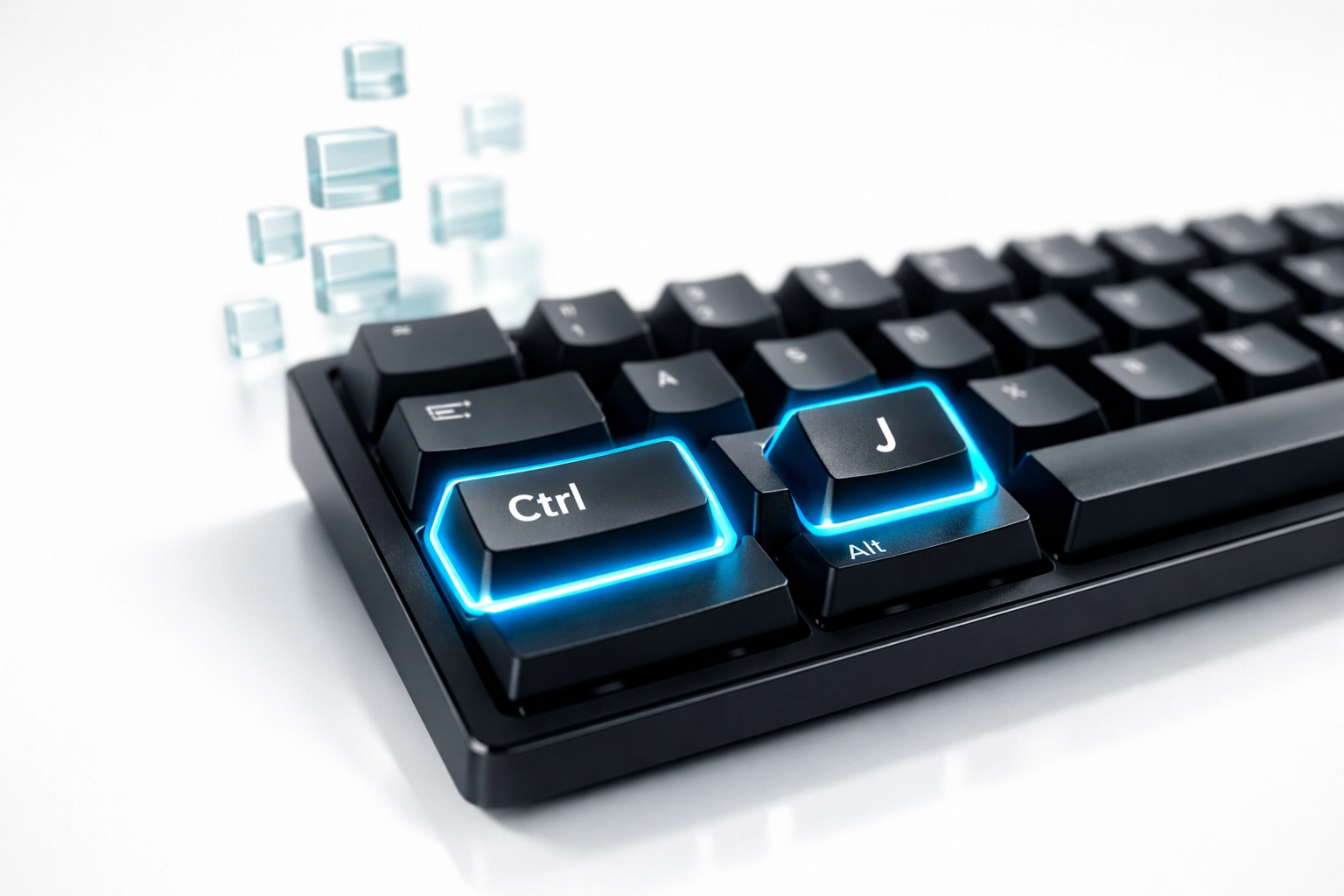 Minimalist keyboard with glowing keys and floating snippets showing fast text retrieval for team productivity.