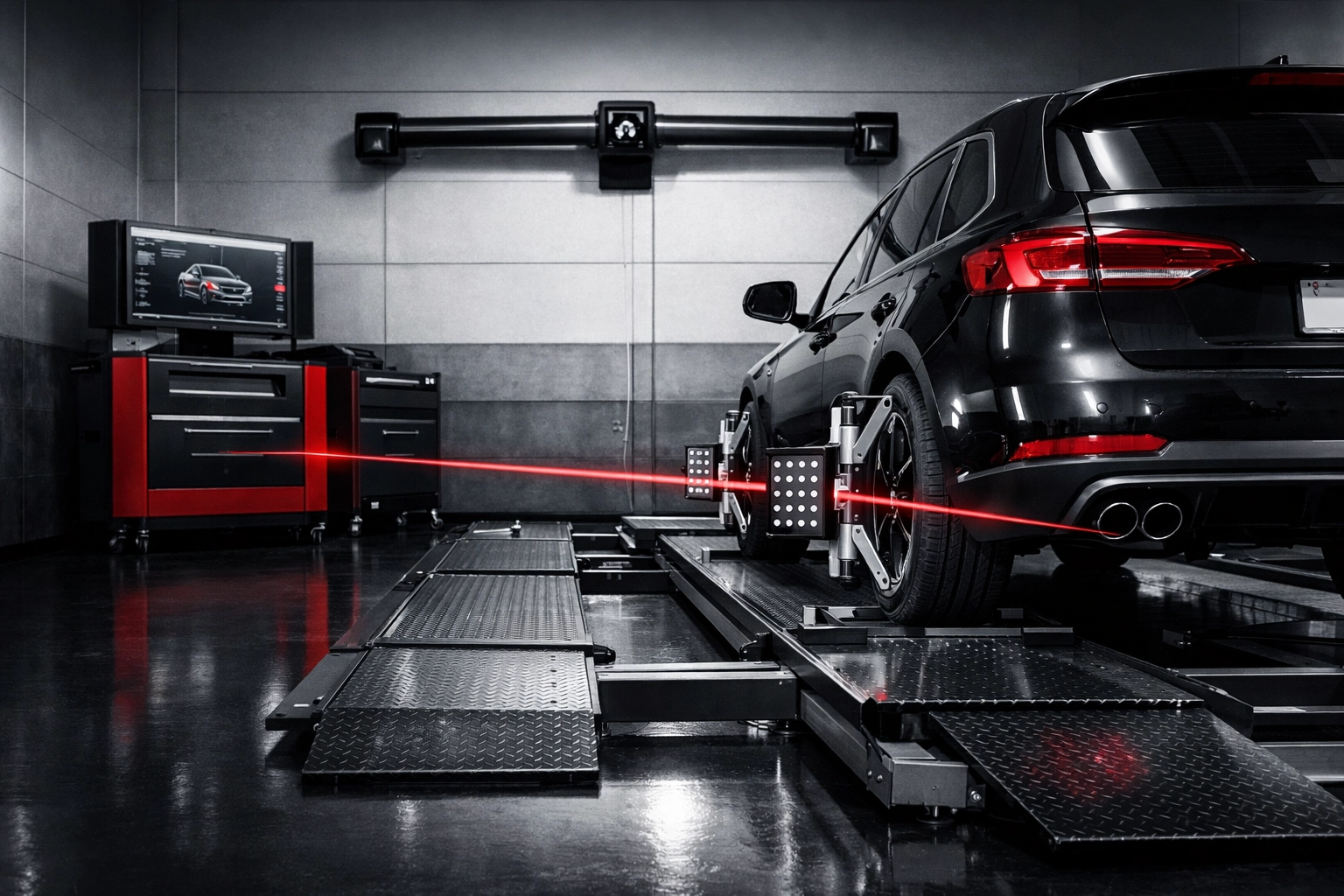 Vehicle on a high-tech laser wheel alignment rack at an automotive repair shop in Bear, DE.