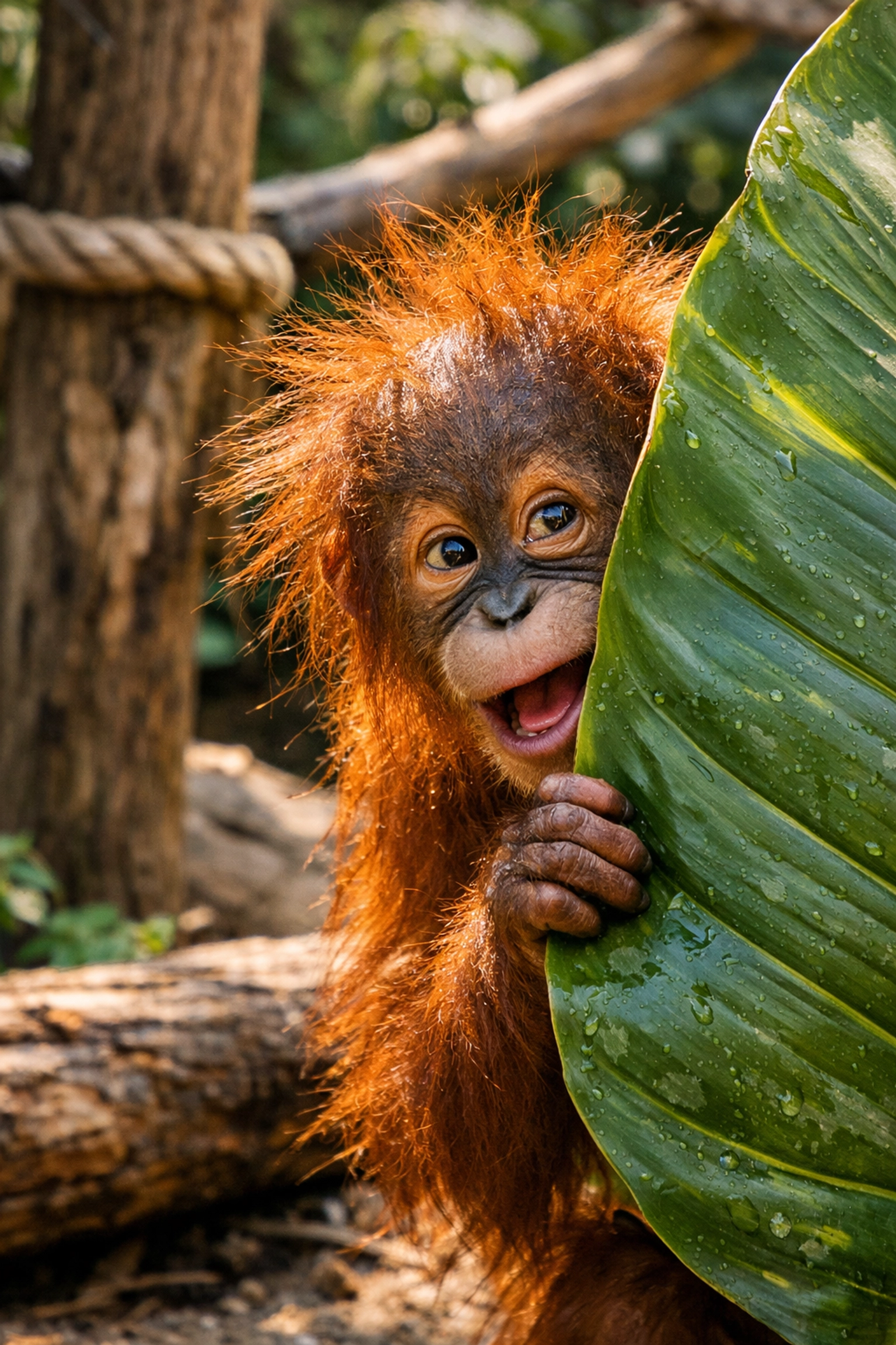 Playful Bornean orangutan peeking from behind a leaf, highlighting unique animal character and personality.