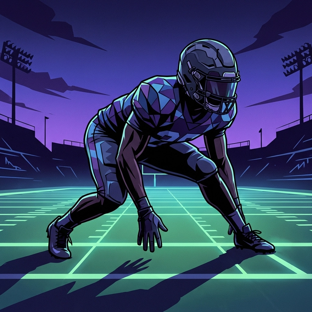 Football defensive back in coverage stance on field at twilight, representing portal additions like Jai Eugene Jr.