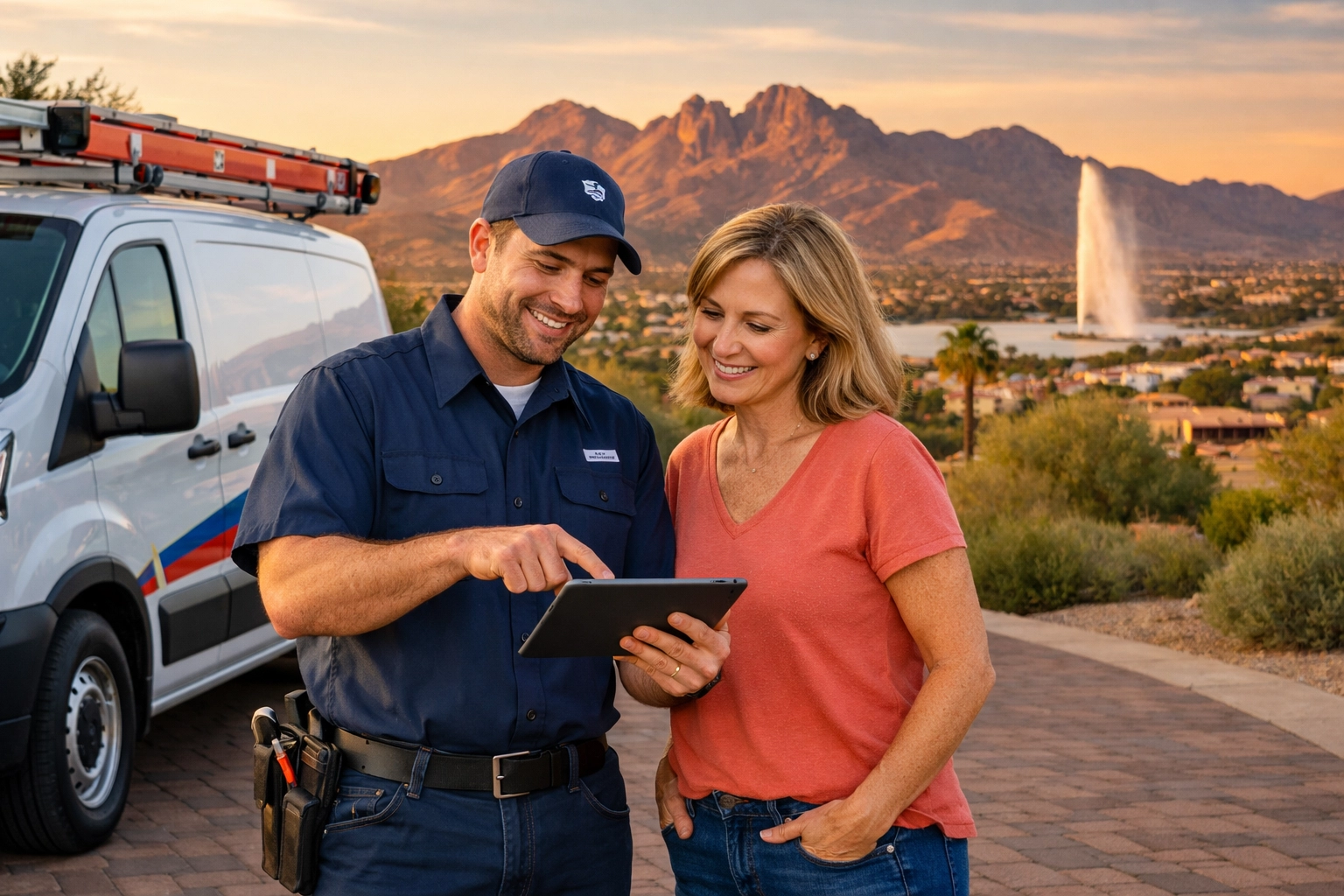 Bucksworth technician explaining plumbing service plans to a homeowner in Fountain Hills AZ.