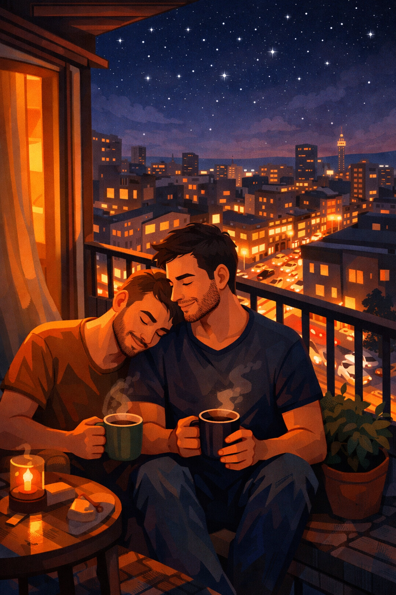 Gay couple finding quiet moment on balcony overlooking city - MM romance intimacy