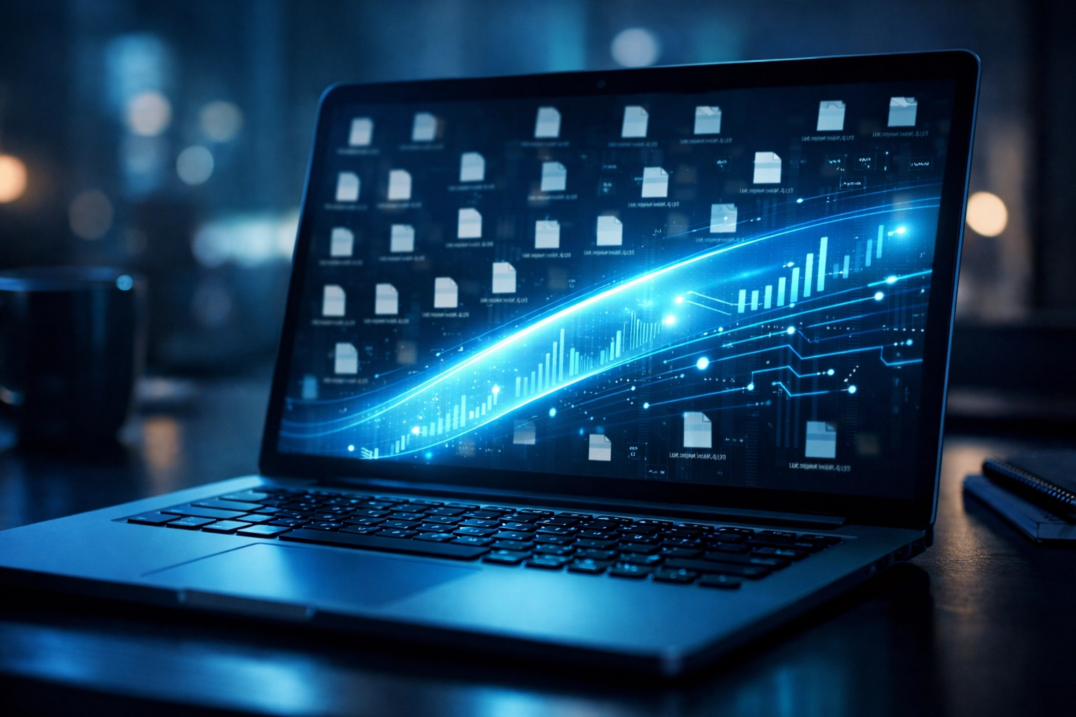Laptop displaying secure data scanning to prevent identity theft and protect business financial records.