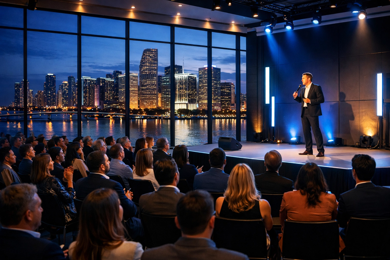 Professional Miami event photographer capturing a corporate conference with a skyline view.