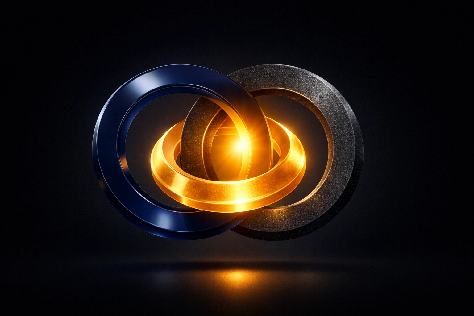 Interlocking rings symbolizing the I³ Framework: Information, Interpretation, and Intensity for executive leadership.