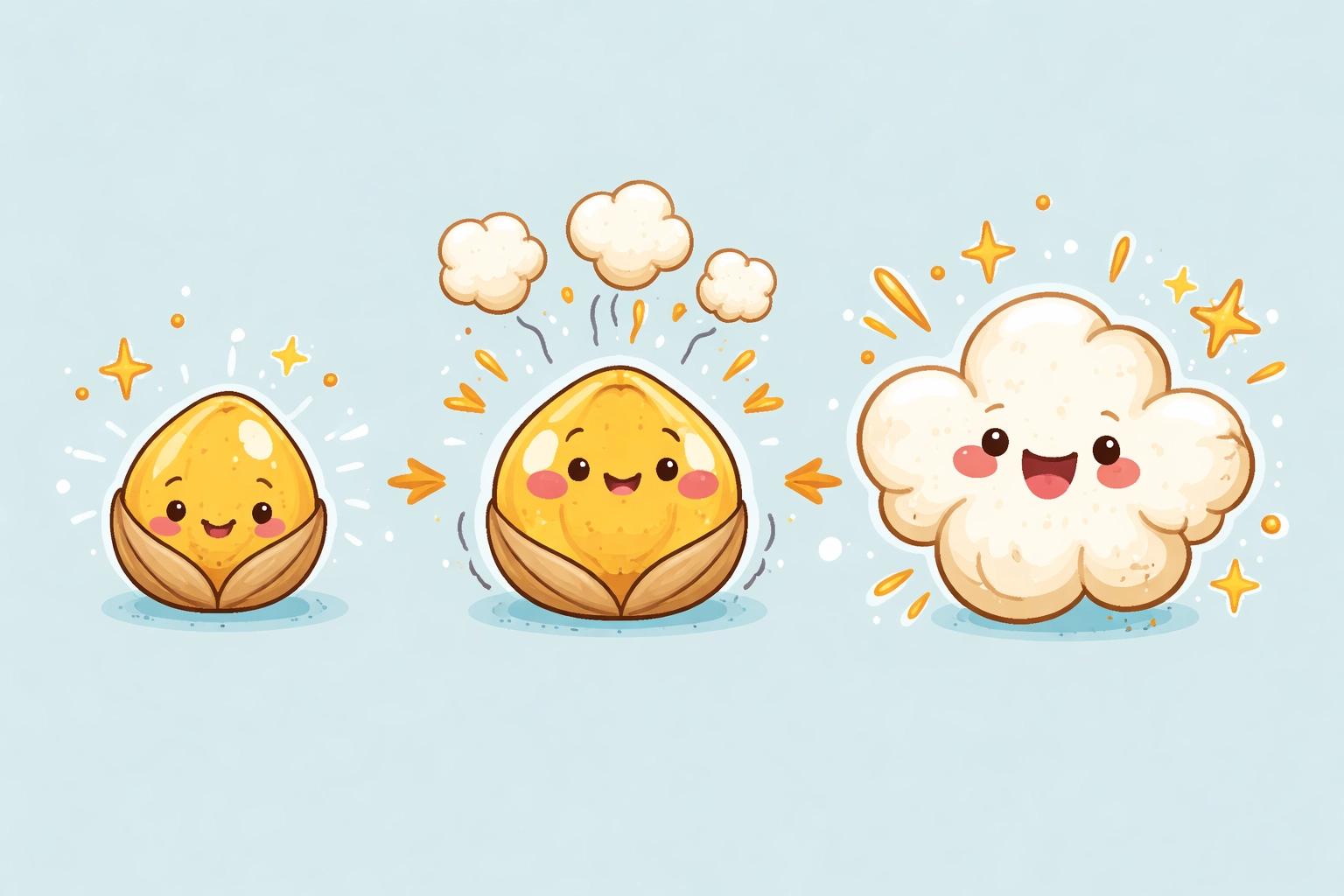 Cheerful illustration of popcorn popping stages, highlighting how the popcorn hull is key to the popping process.