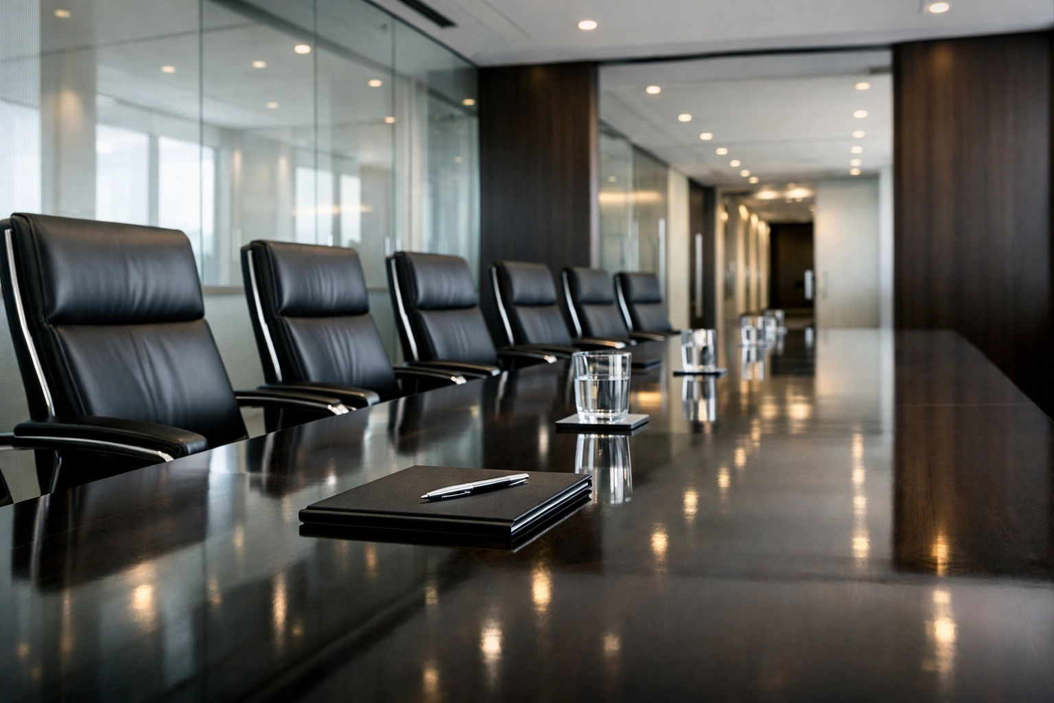 Sleek executive boardroom with polished table, showing professional office maintenance and operational reliability.