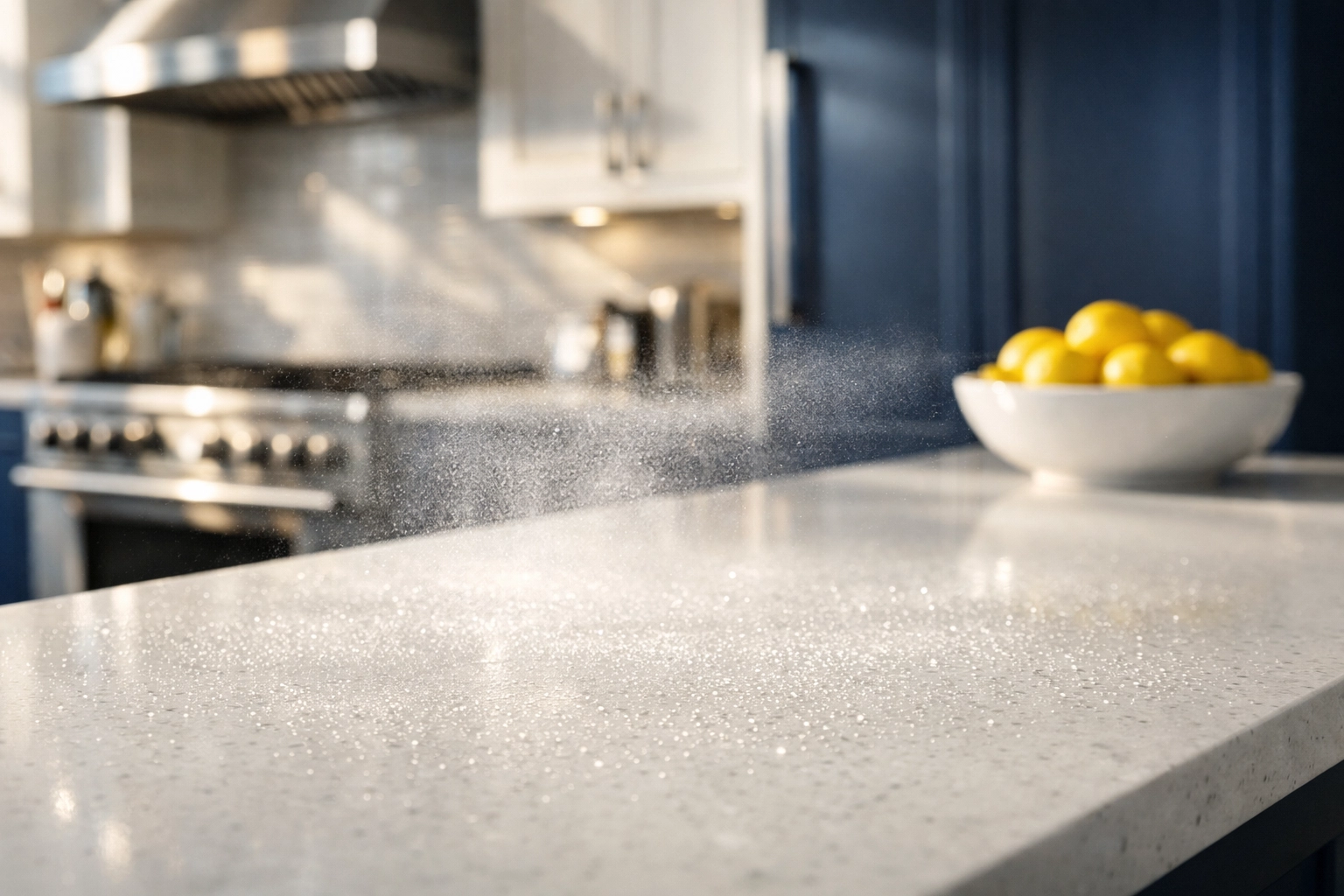 Cleaning spray sitting on a quartz countertop for dwell time during house cleaning in Pepperell MA.