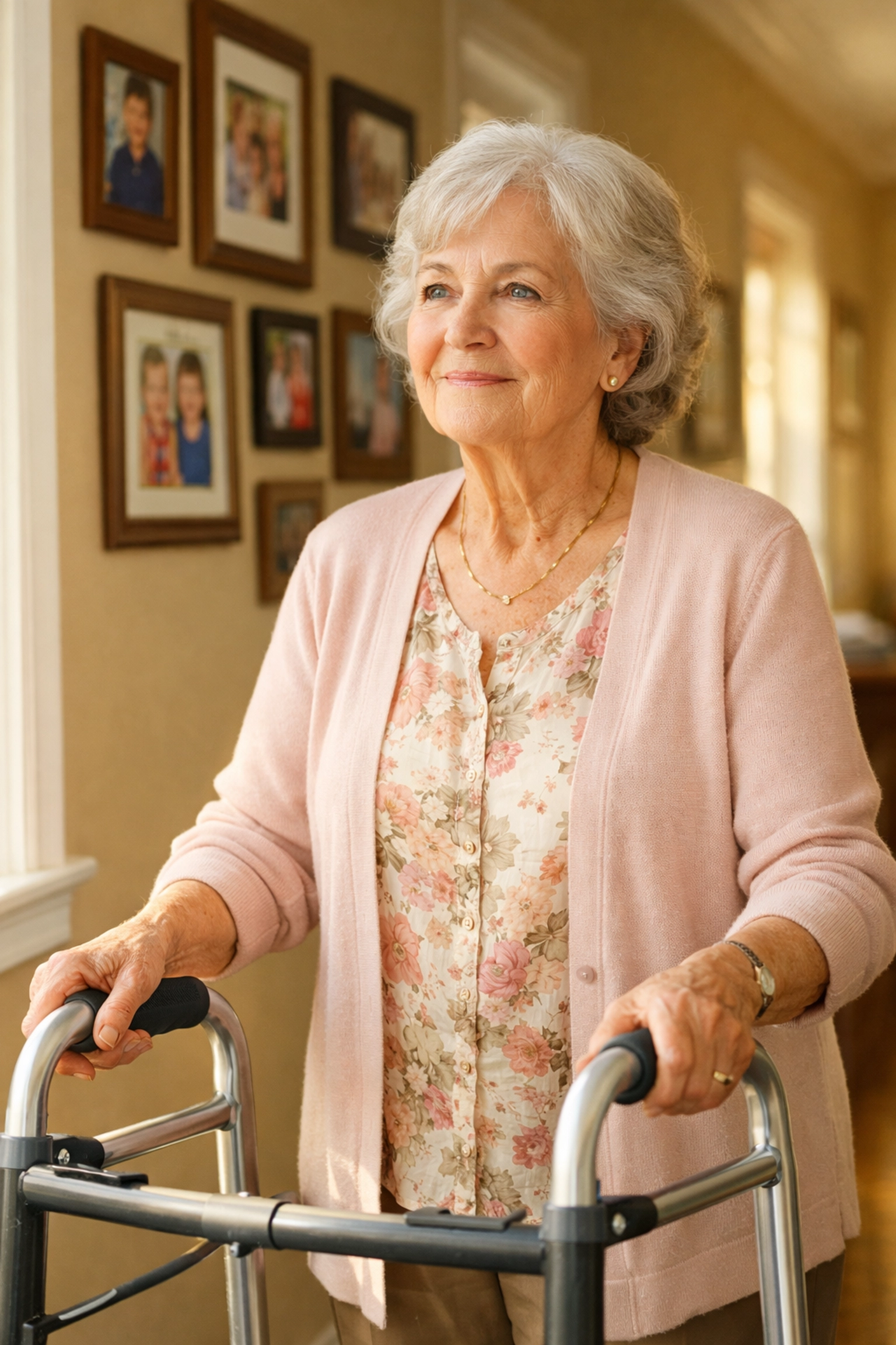 Senior woman demonstrating correct walker posture by looking forward and standing tall for better safety.