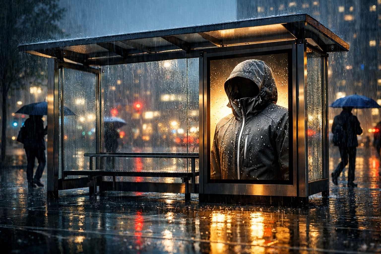 Digital ad at a city transit shelter promoting rain gear during a weather-triggered DOOH campaign.