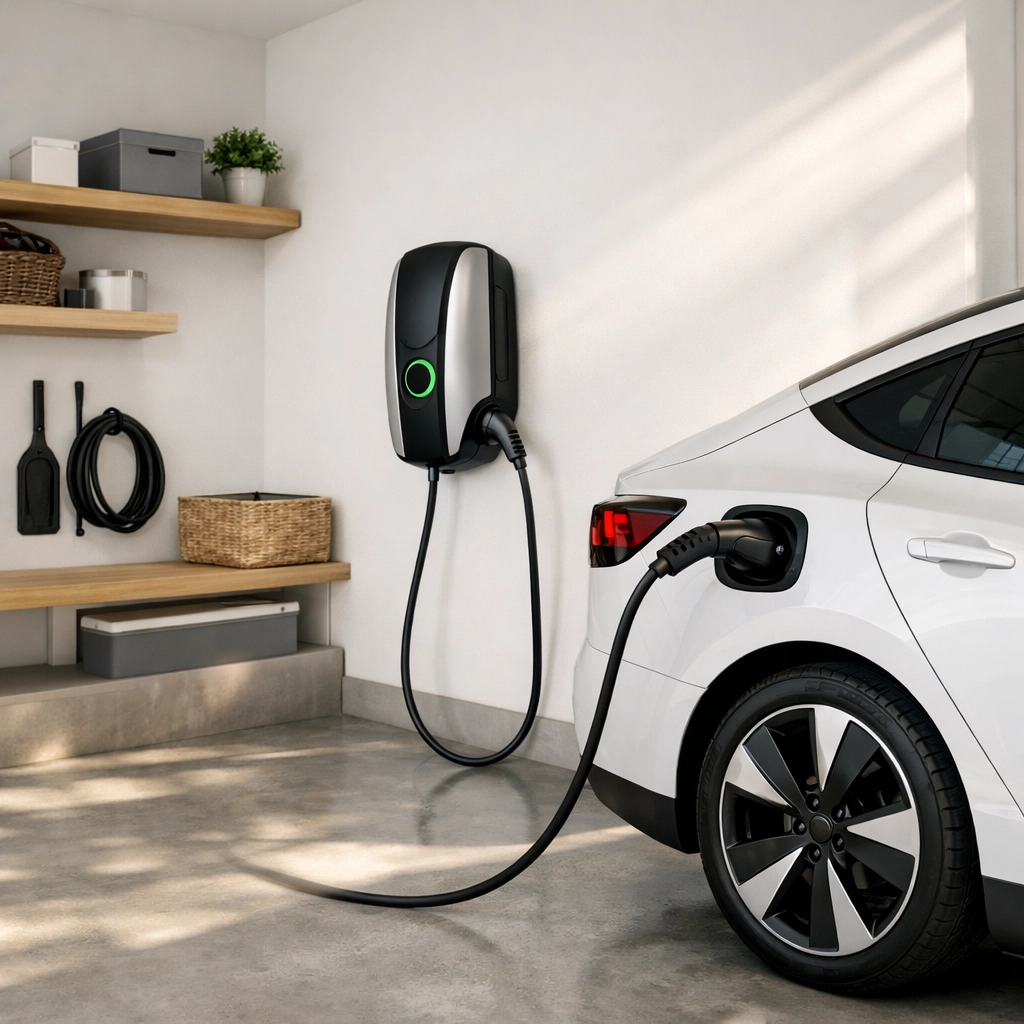 Modern home EV charging station installation in a Maine garage for efficient electric vehicle power.