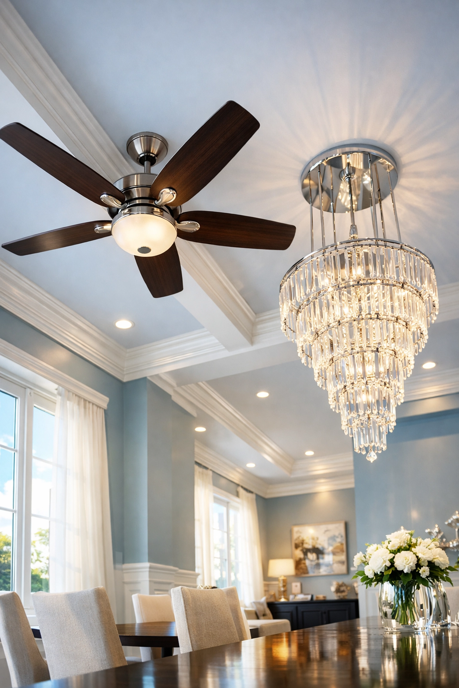 Luxury dining room with dust-free fixtures cleaned by a professional service in Bedford.
