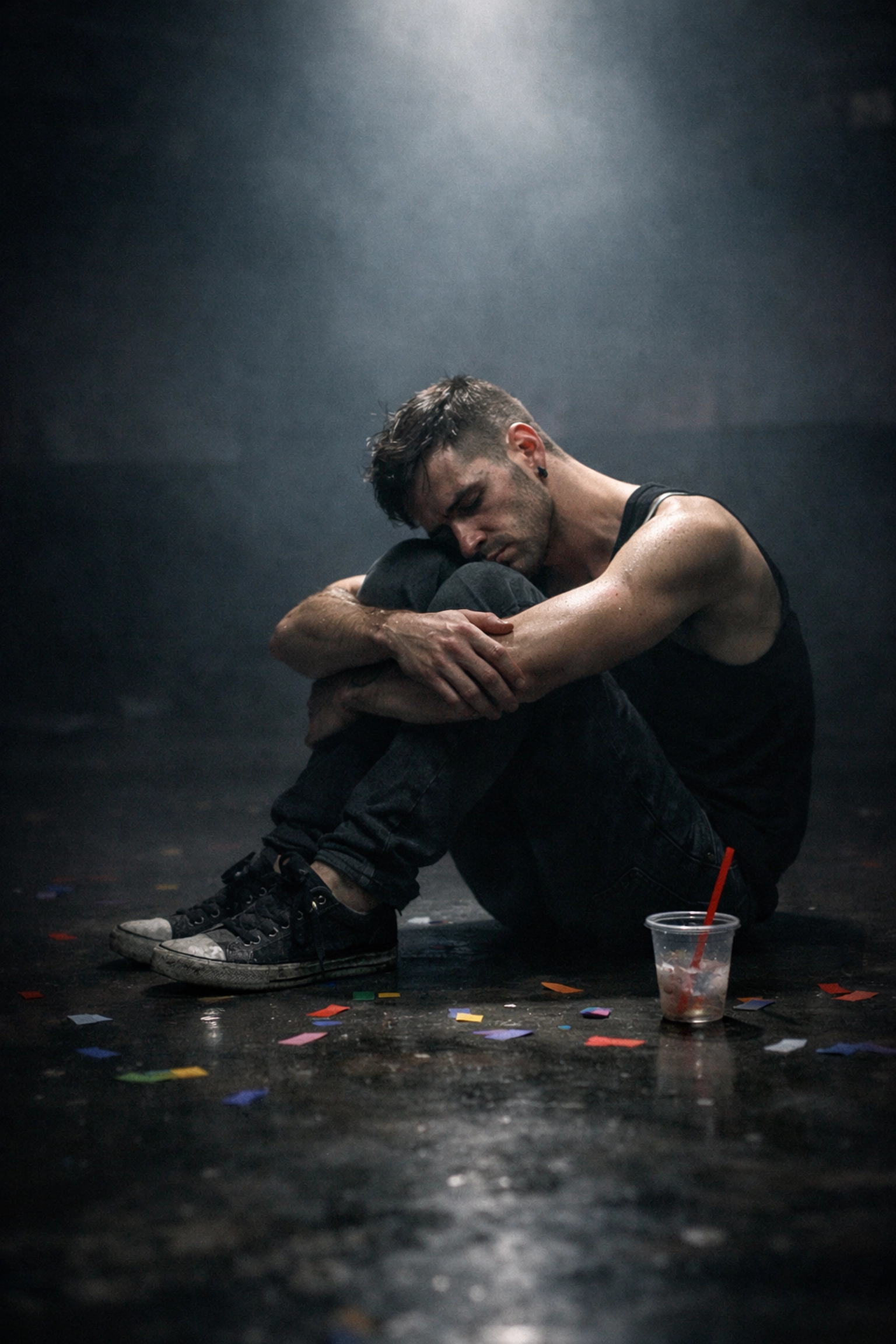 A solitary gay man on a dark dance floor, illustrating the isolation and reality of addiction in gay fiction.