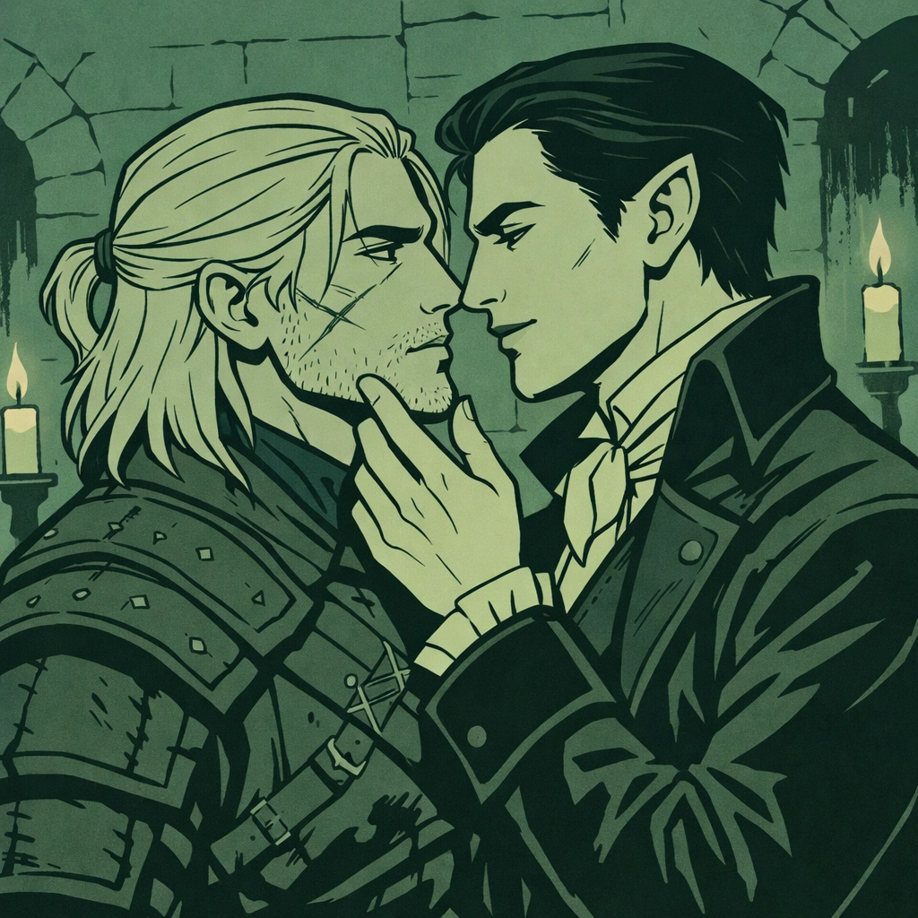 Witcher and vampire in candlelit tension - MM dark fantasy romance illustration