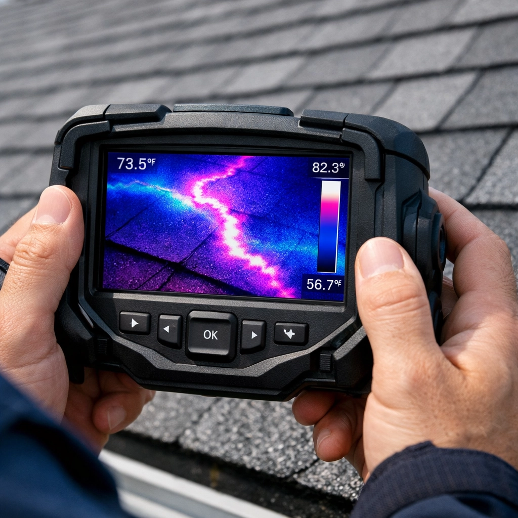 Using a thermal imaging camera for professional roof leak detection to find hidden moisture behind surfaces.