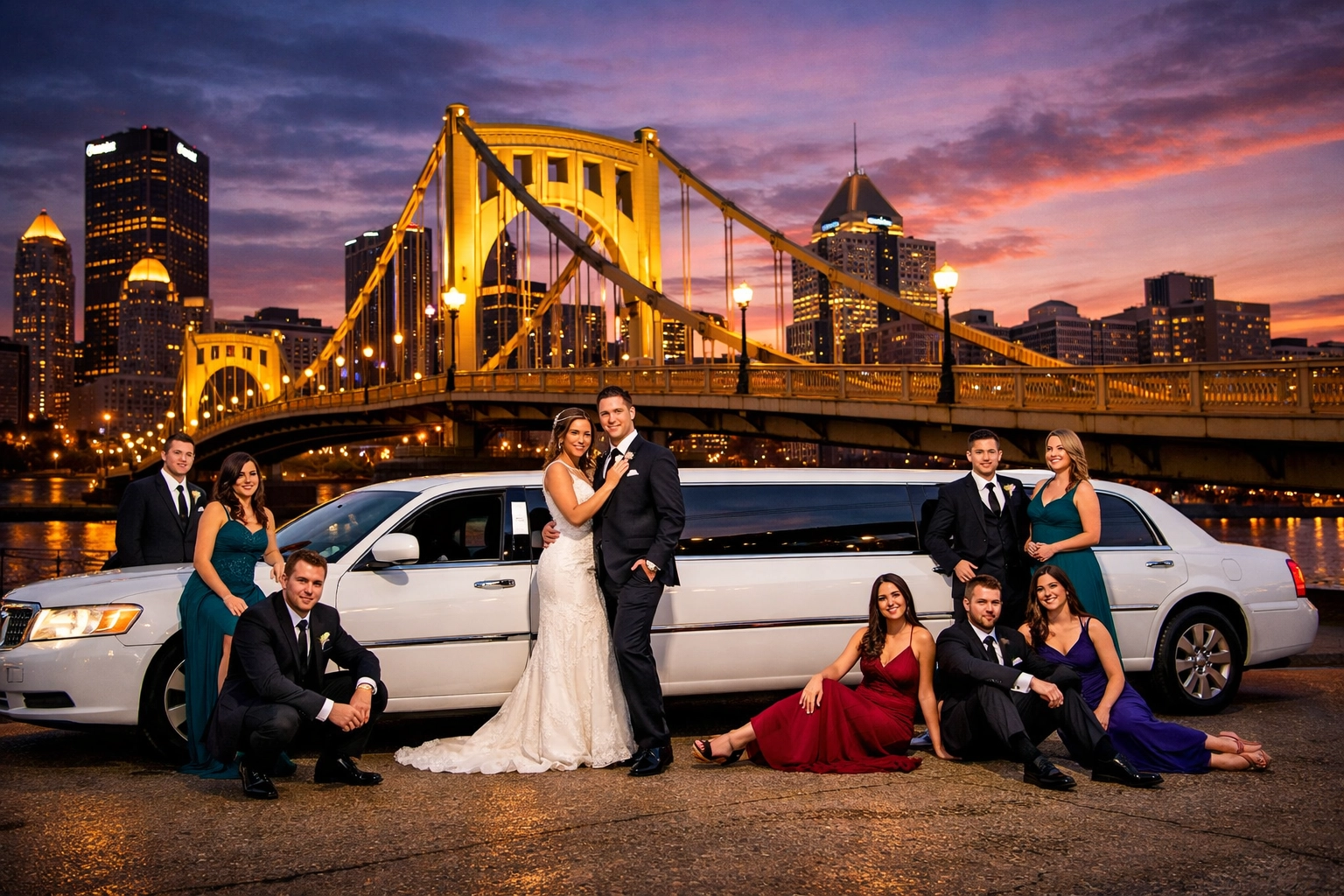 Wedding party with limousine at Pittsburgh's Roberto Clemente Bridge for photos
