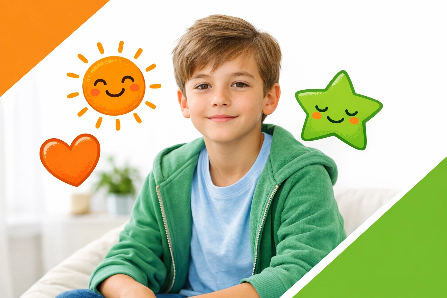 A confident boy with emotion icons, representing emotional intelligence training for resilient, God-centered kids.