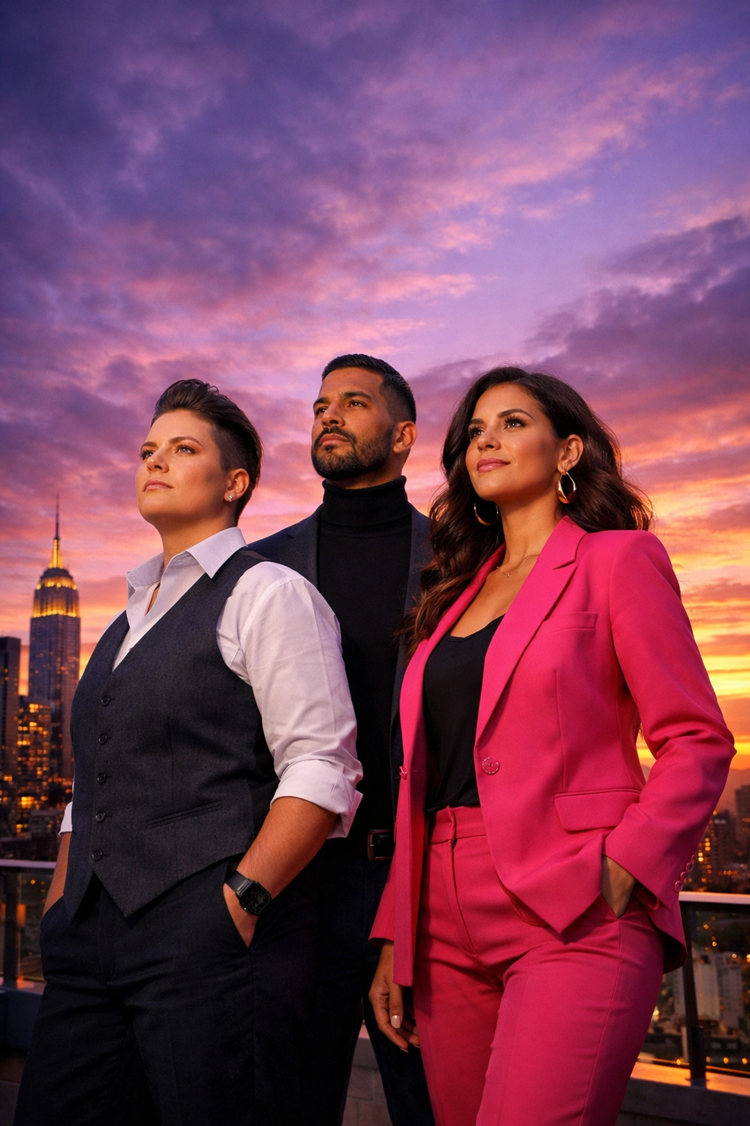 Diverse LGBTQ+ professionals standing together at sunset, symbolizing unity and the future of queer leadership.