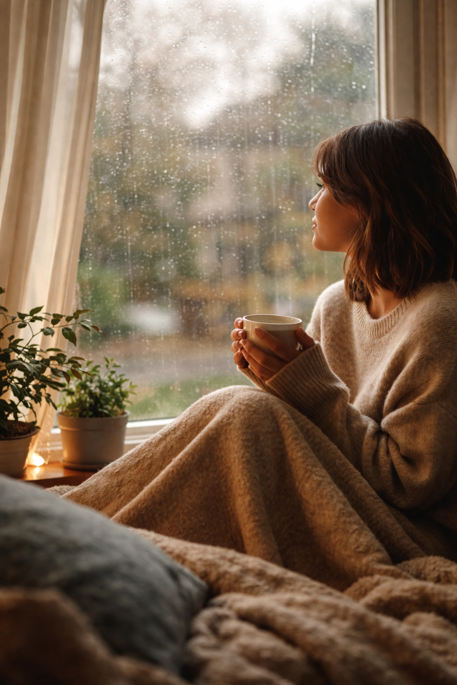 Person reflecting by a window on a rainy day, illustrating the feeling of being stuck before starting therapy