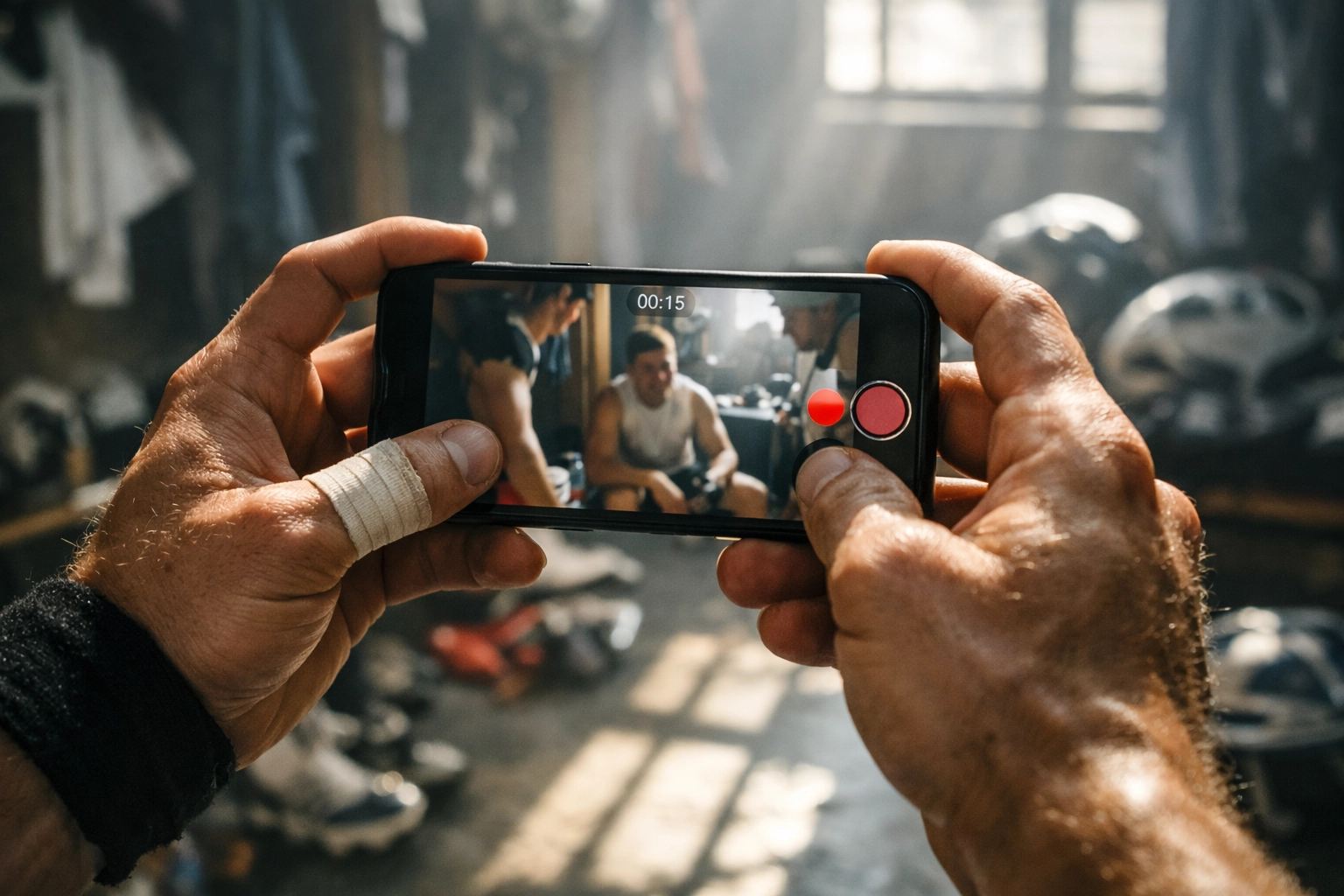 Professional athlete creating authentic behind-the-scenes content on smartphone in locker room