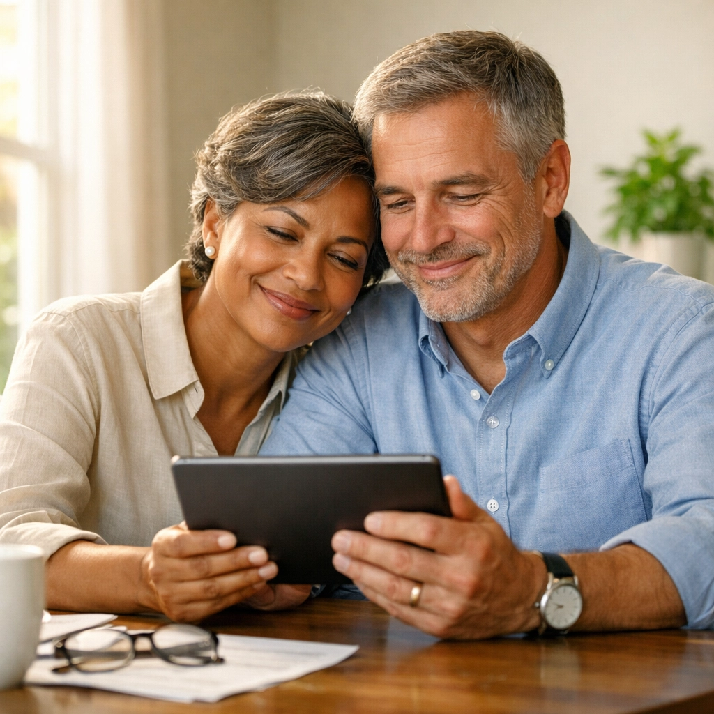 A couple reviewing their retirement savings on a tablet with relief and financial clarity in a modern home.