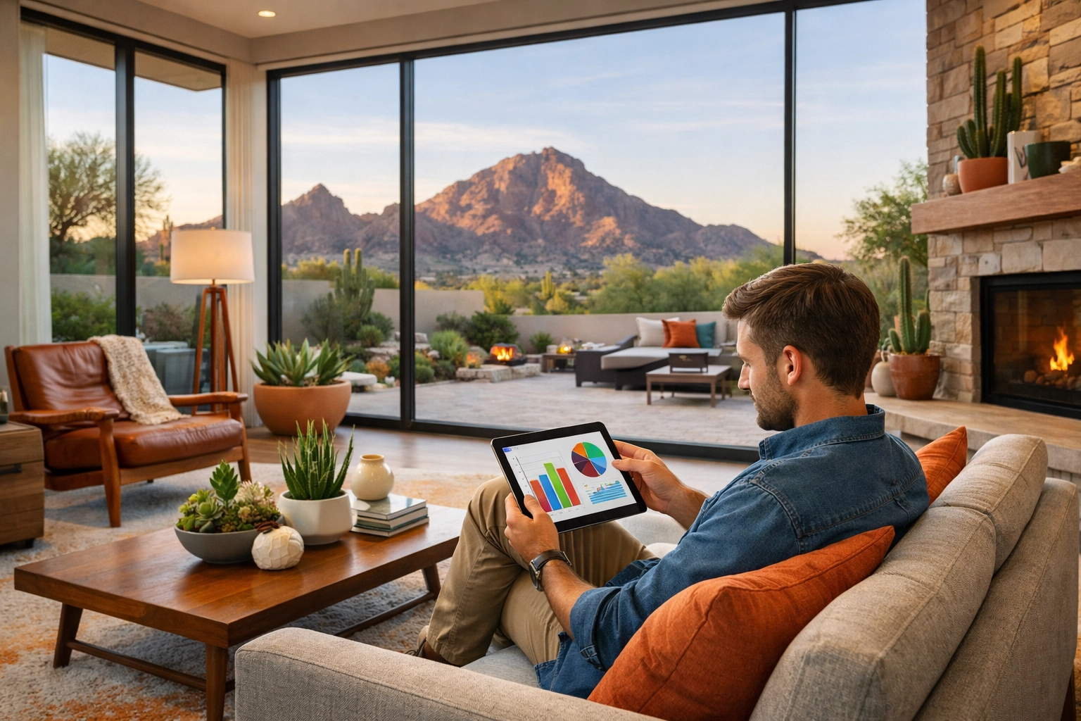 Phoenix homeowner reviewing real estate data and AI market analytics on a tablet in a modern living room.